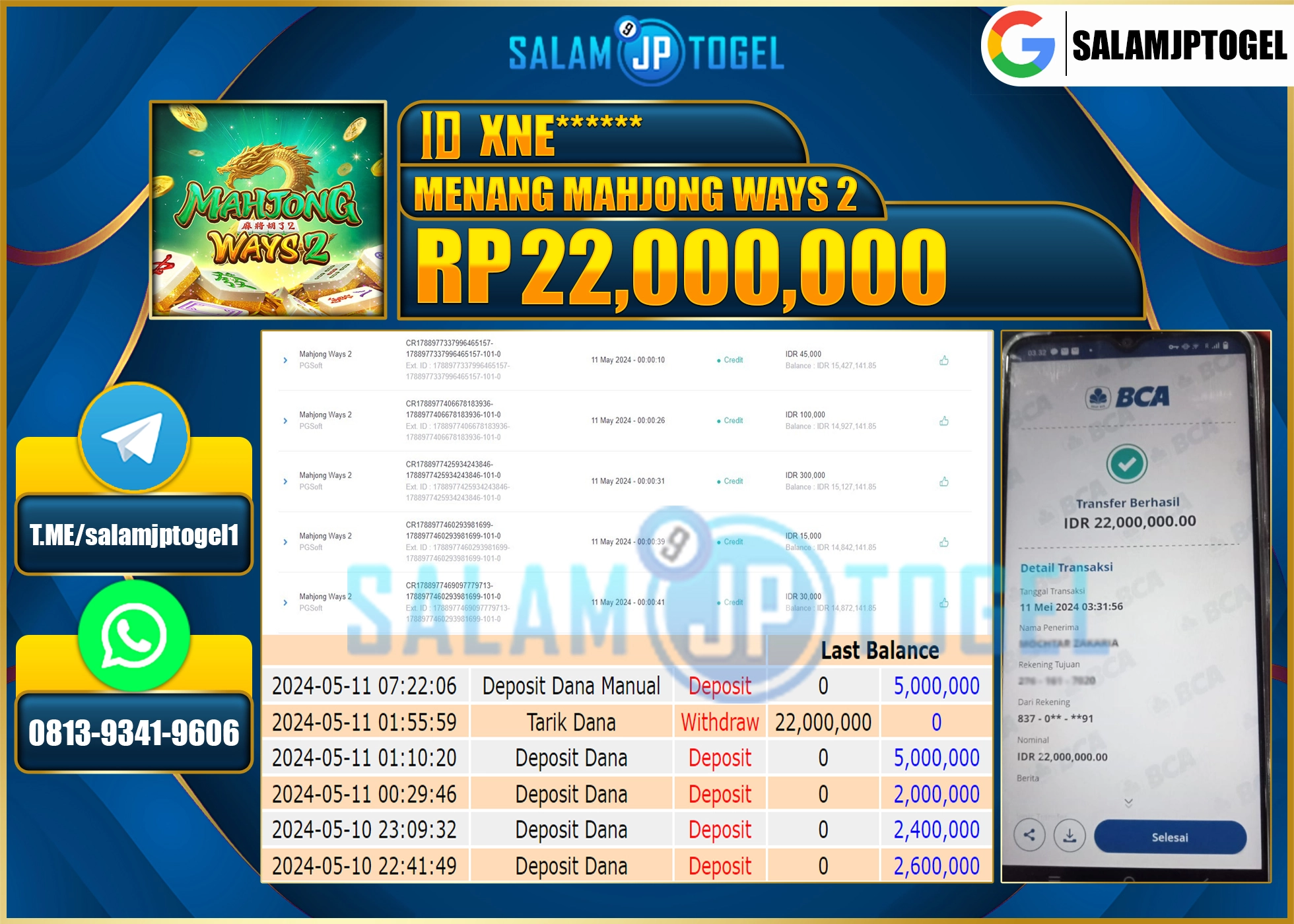 SALAMJPTOGEL MENANG MAHJONG WAYS2 RP. 22,000,000.,- LUNAS