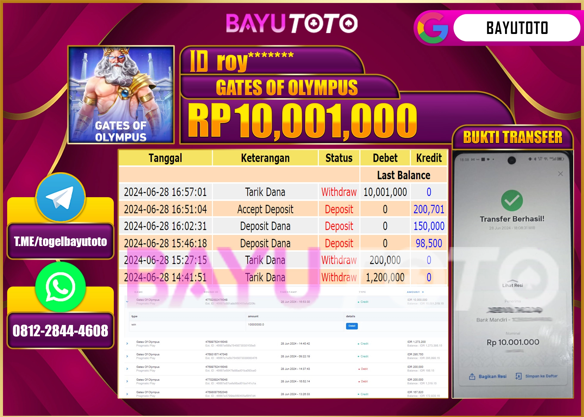 BAYUTOTO JACKPOT SLOT GAMES GATES OF OLYMPUS   Rp.10.001.000 LUNAS