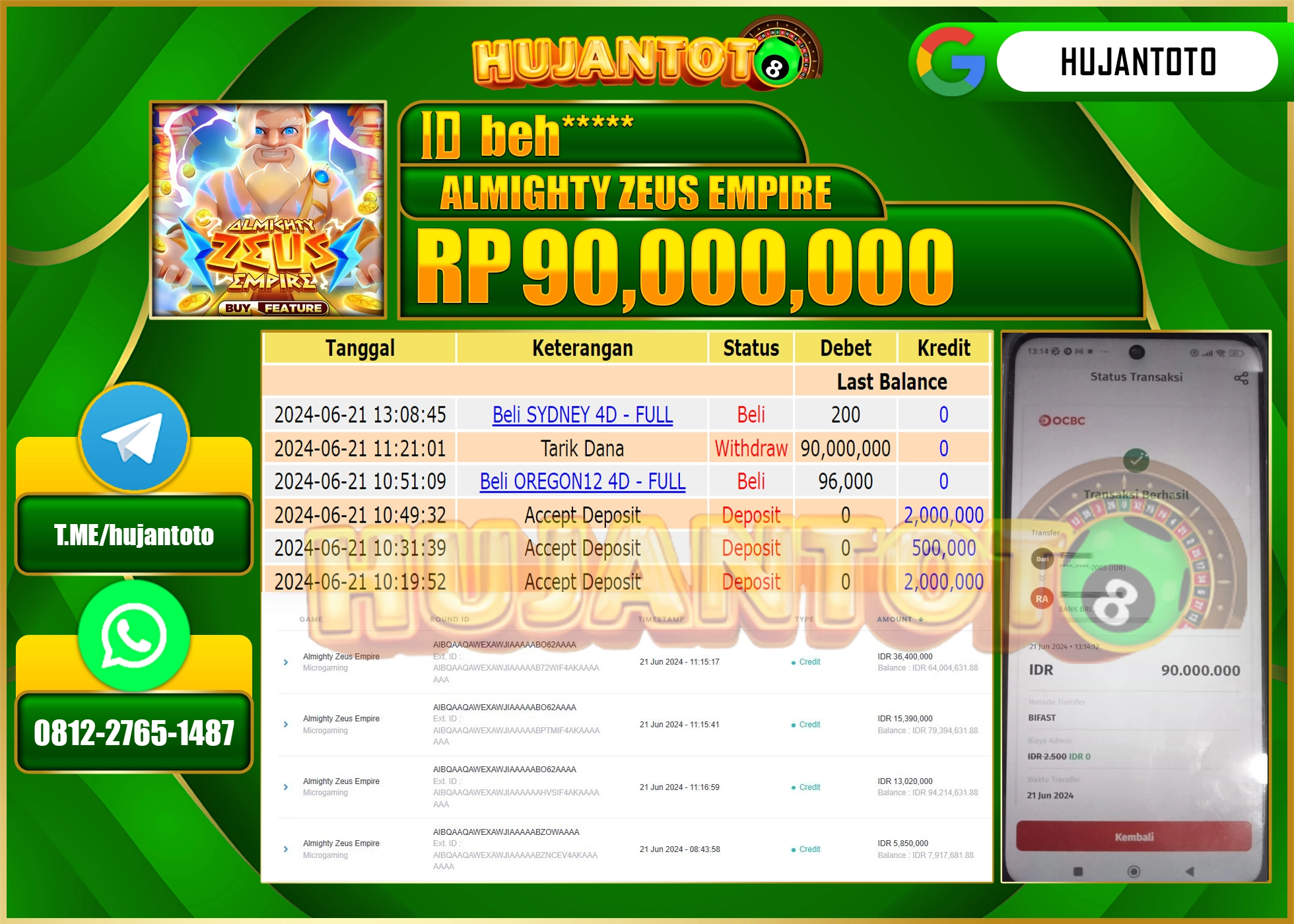 HUJANTOTO MENANG SLOT ALMIGHTY ZEUS EMPIRE 90,000,000 - LUNAS 