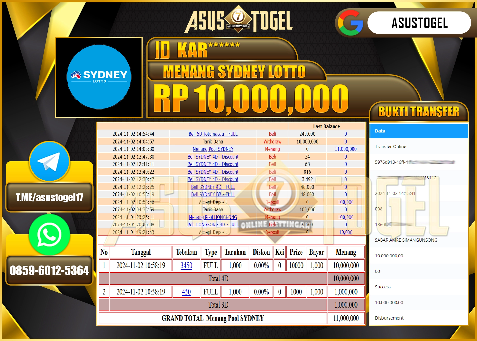 ASUSTOGEL KEMENANGAN DI TOGEL SYDNEY LOTTO SEBESAR 10,000,000 -RUPIAH LUNAS