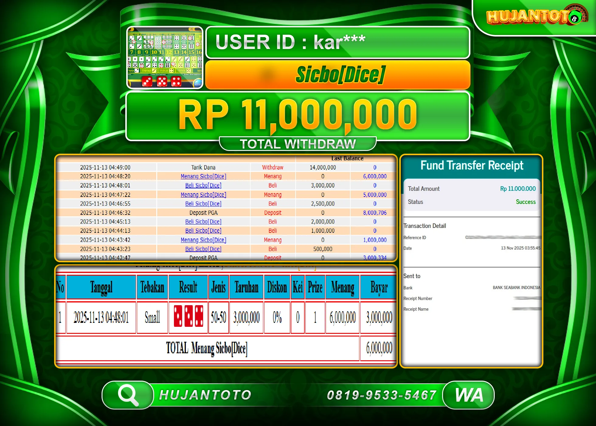 HUJANTOTO - BUKTI JACKPOT MENANG LIVE GAMES SICBO DICE Rp.11,000,000 - TERBAYAR LUNAS