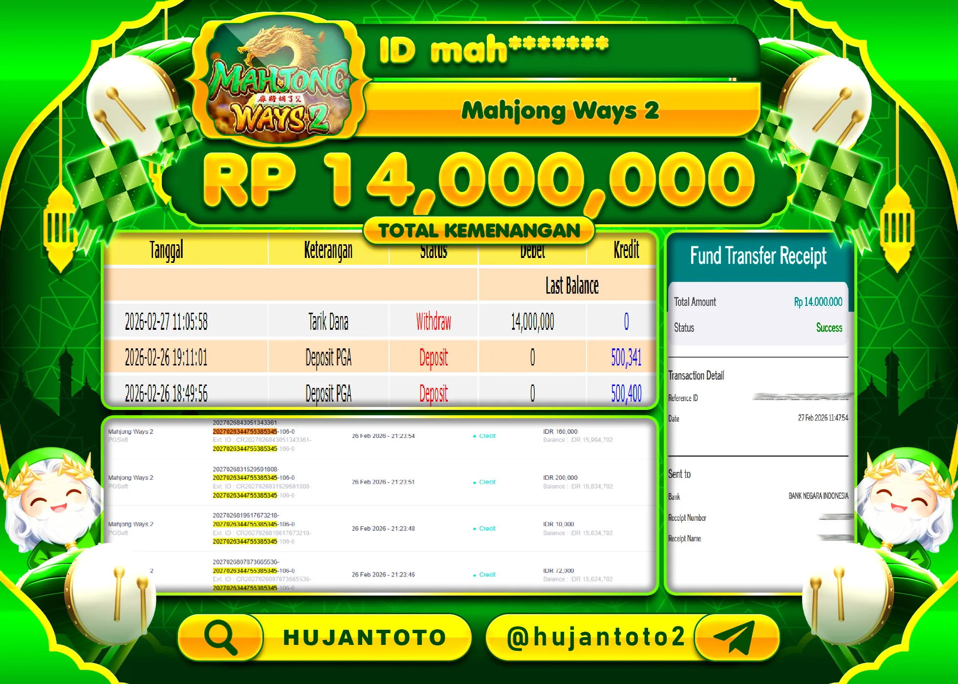 HUJANTOTO - BUKTI JACKPOT MENANG SLOT MAHJONG WAYS 2 Rp.14,000,000 - TERBAYAR LUNAS