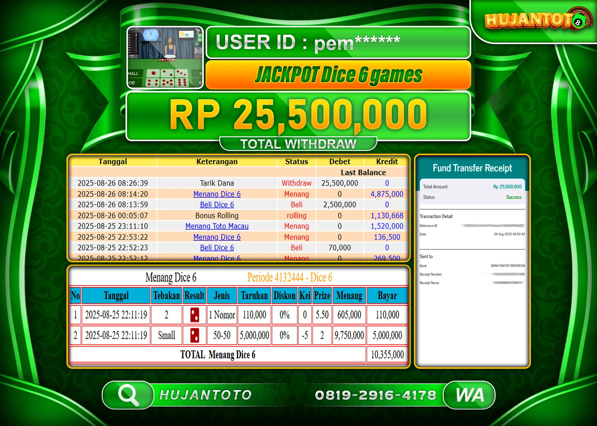 HUJANTOTO - BUKTI JACKPOT MENANG LIVEGAME DICE 6 GAMES Rp.25,500,000 - TERBAYAR LUNAS