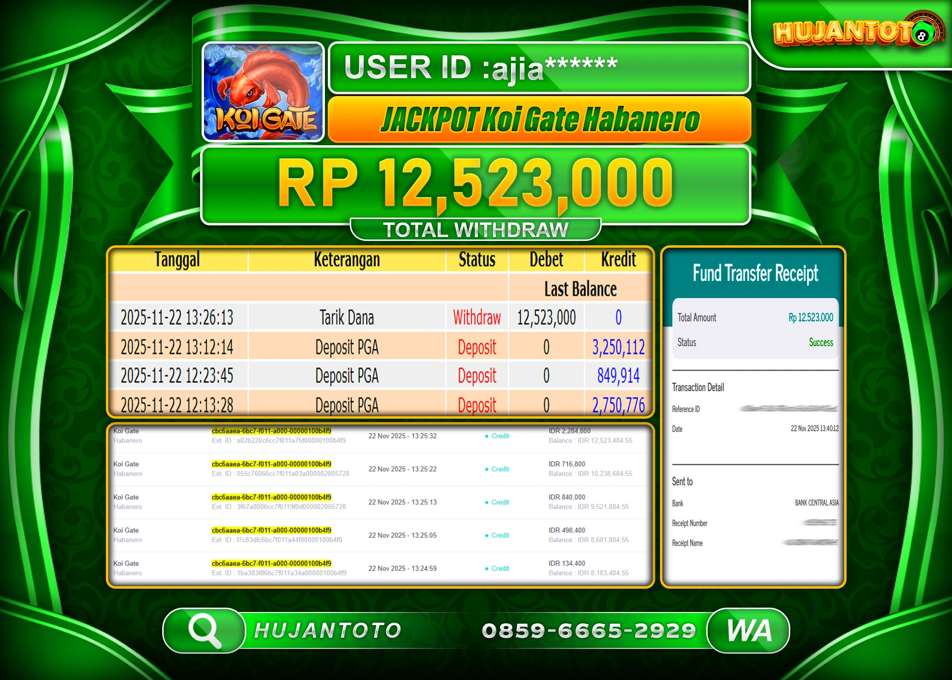 HUJANTOTO - BUKTI JACKPOT MENANG SLOT KOI GATE HABANERO Rp.12,523,000 - TERBAYAR LUNAS