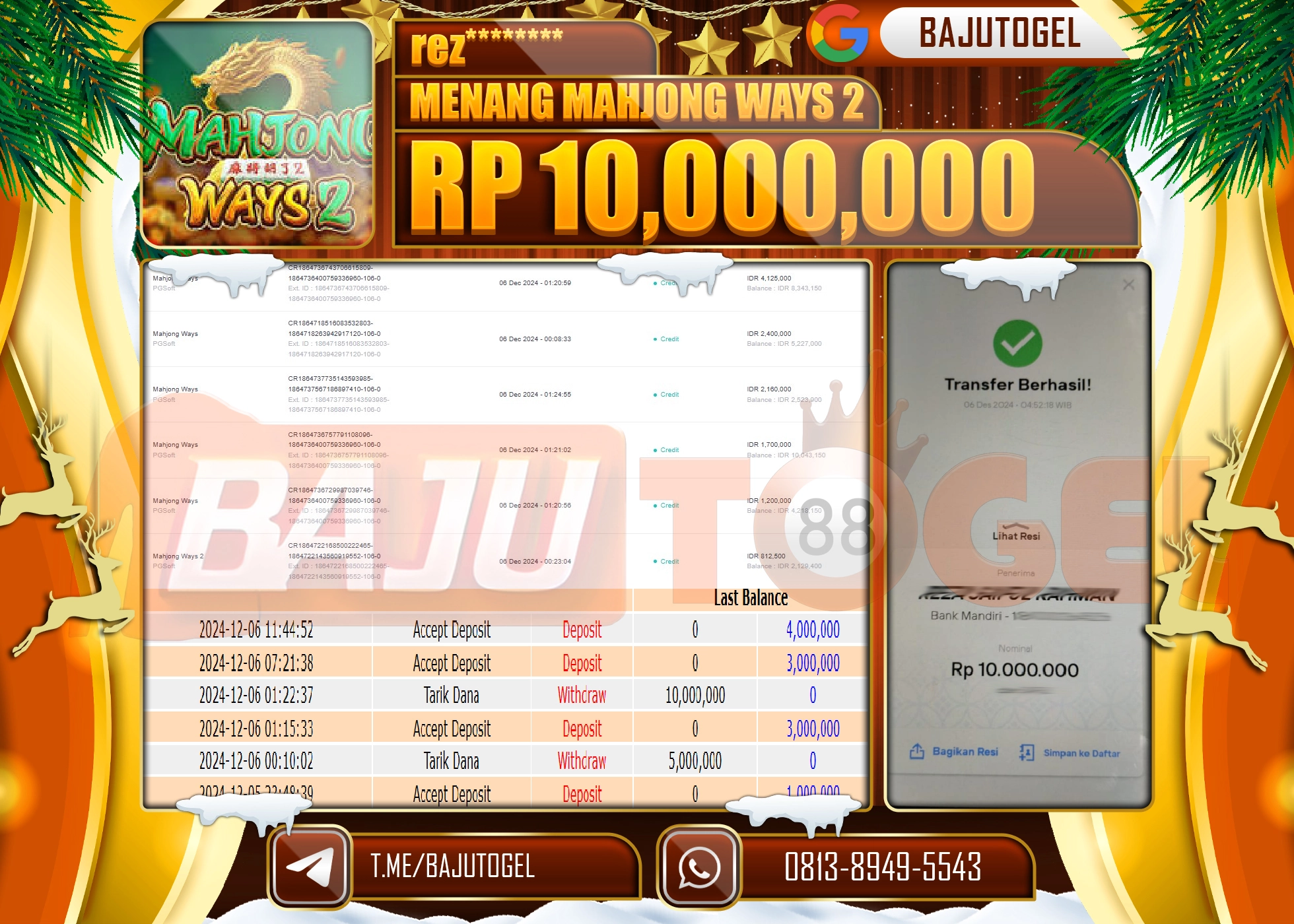 BAJUTOGEL JACKPOT MAHJONG WAYS 2 Rp.10.000.000 LUNAS