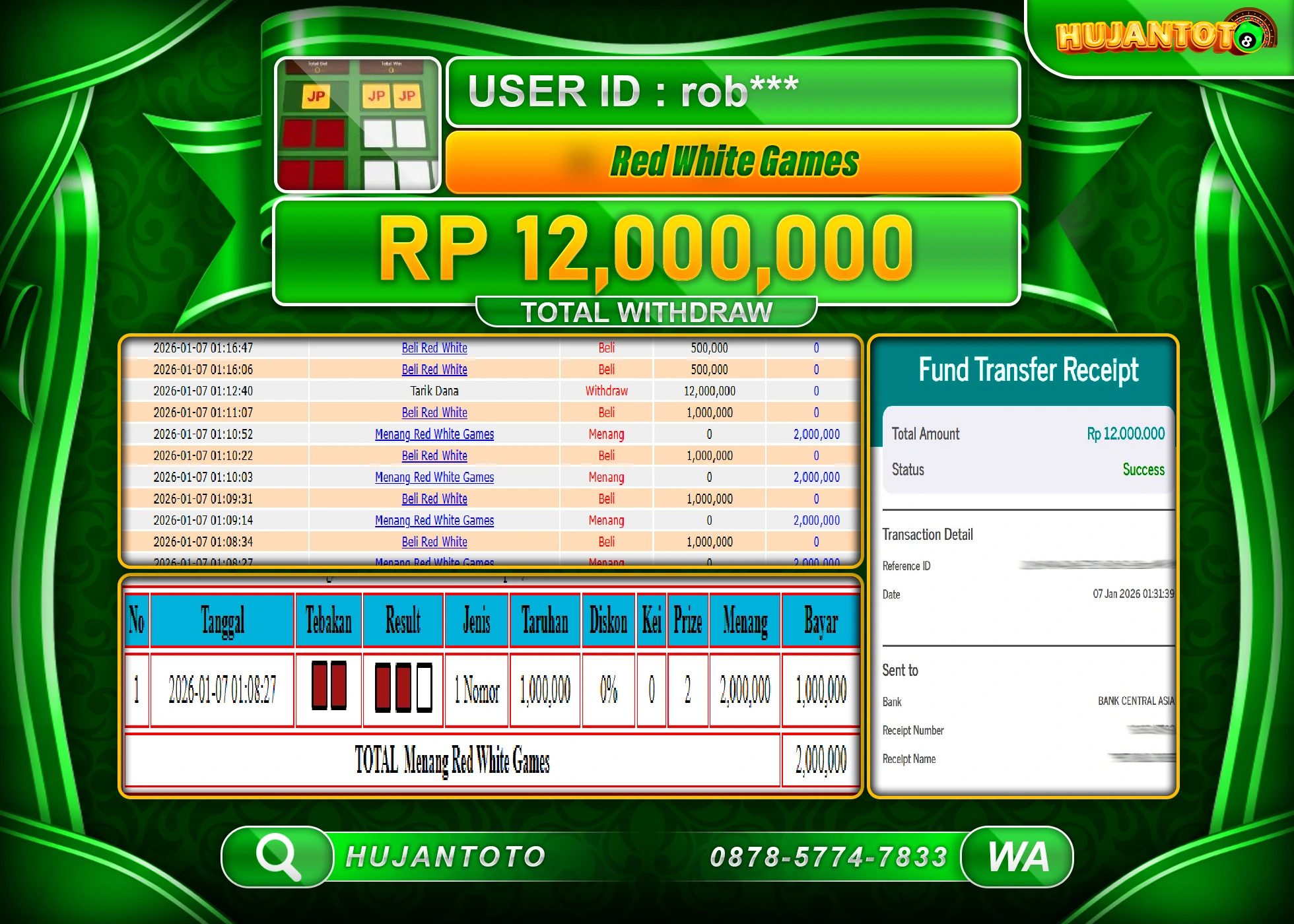 HUJANTOTO - BUKTI JACKPOT MENANG LIVEGAME RED WHITE GAMES Rp.12,000,000 - TERBAYAR LUNAS