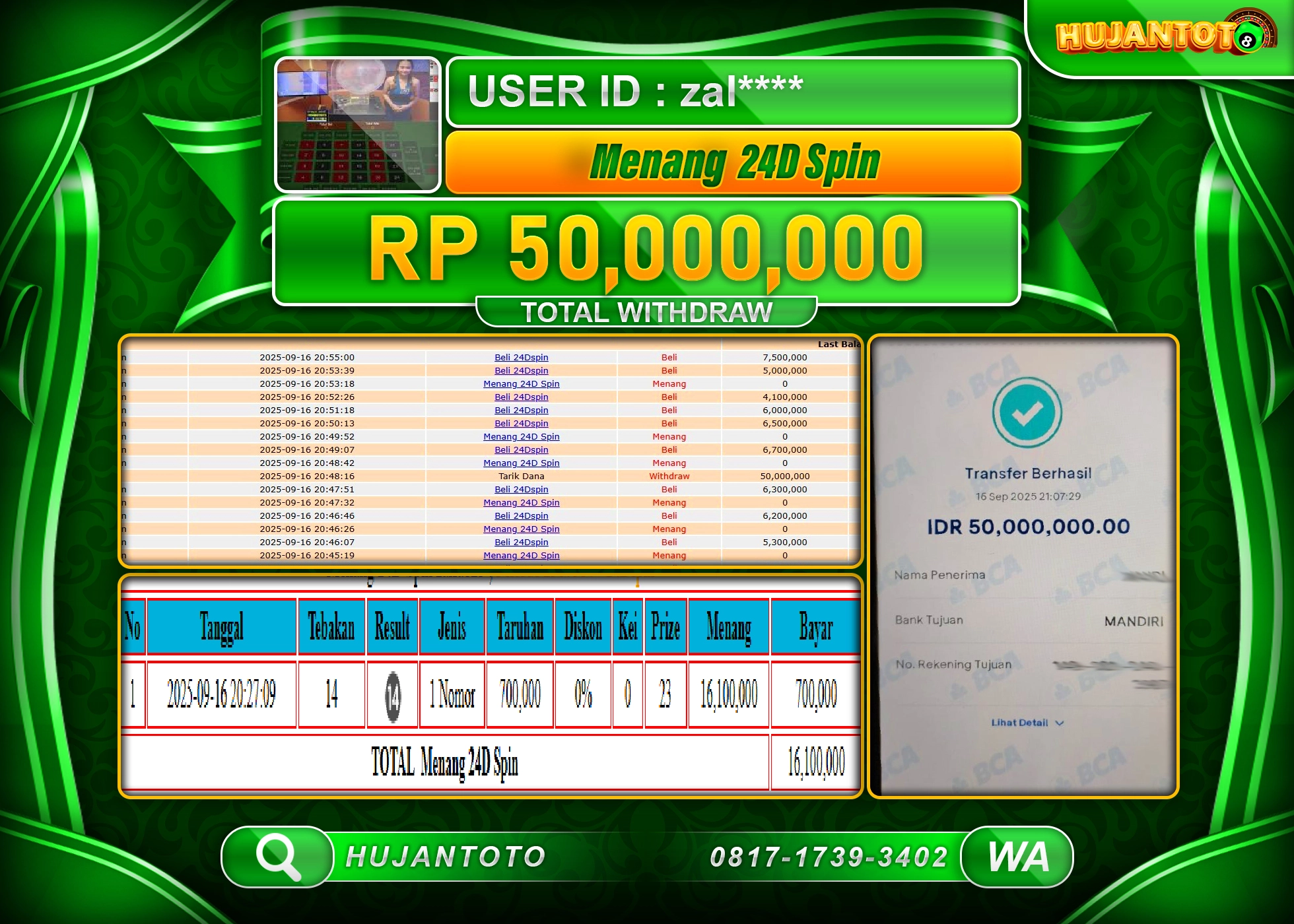 HUJANTOTO - BUKTI JACKPOT MENANG LIVEGAMES 24D SPIN Rp.50,000,000 - TERBAYAR LUNAS
