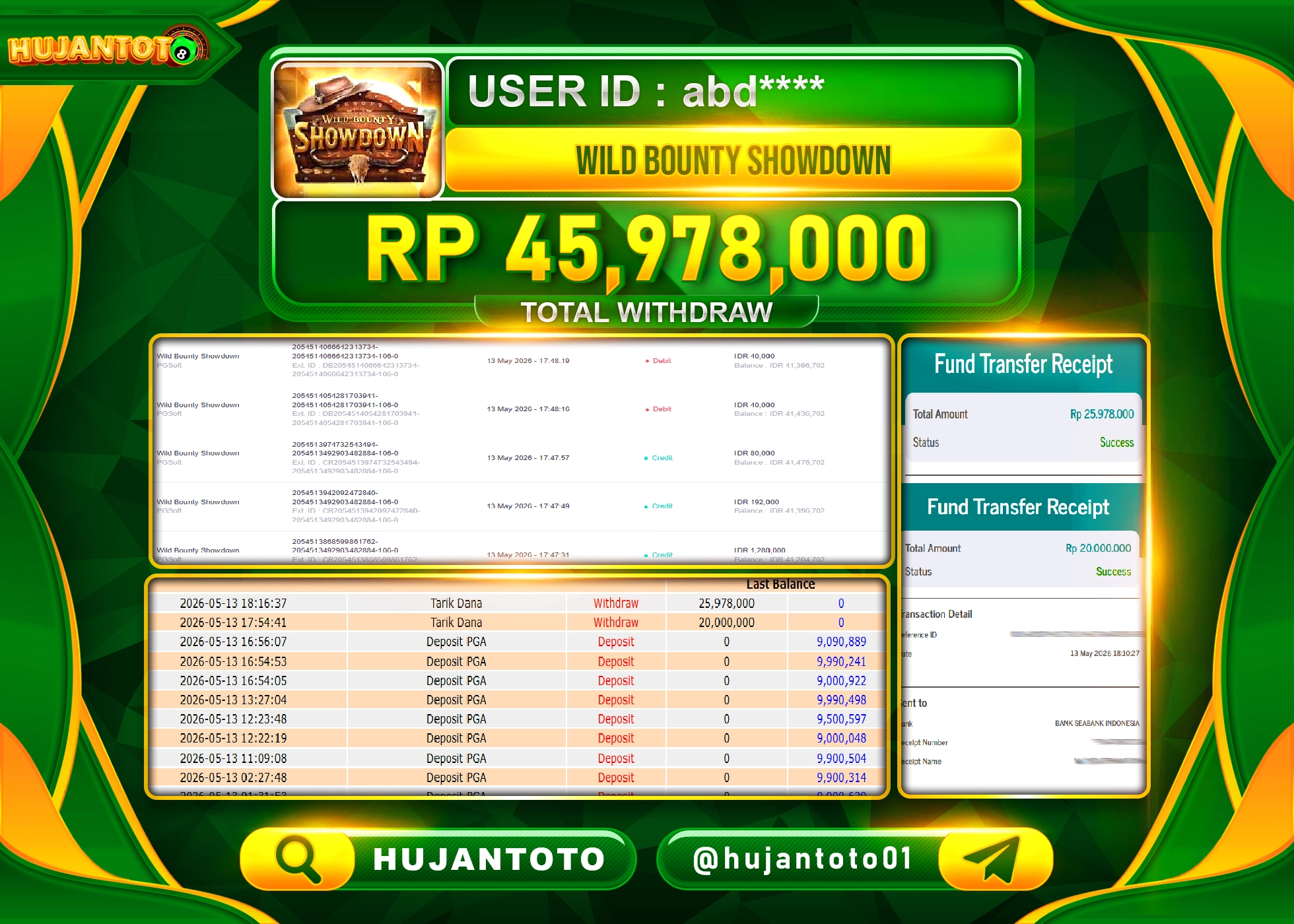 HUJANTOTO - BUKTI JACKPOT MENANG SLOT WILD BOUNTY SHOWDOWN Rp.45,978,000 - TERBAYAR LUNAS