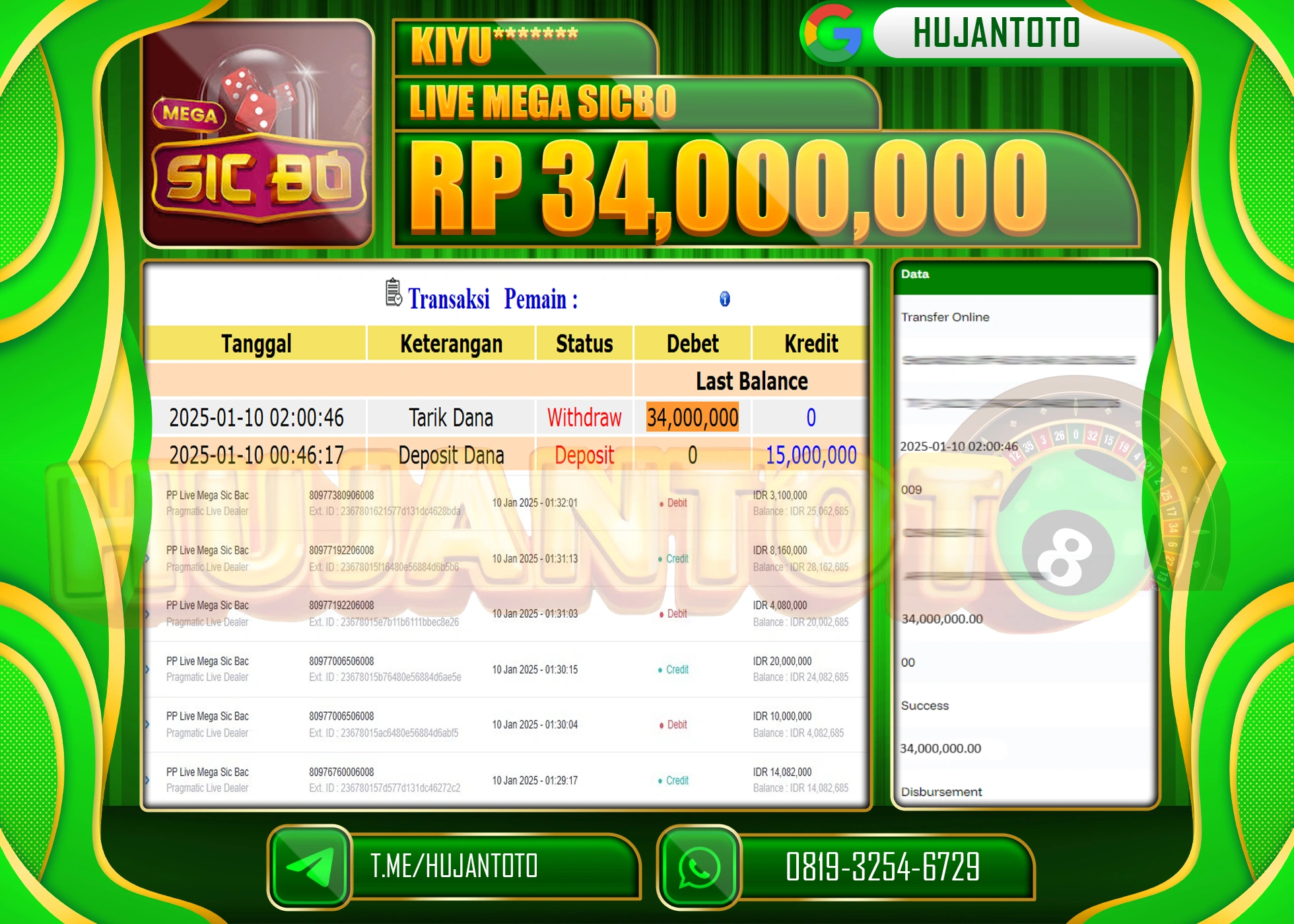 HUJANTOTO - BUKTI JACKPOT DI PERMAINAN LIVE GAME MEGA SICBO Rp.34,000,000,- TERBAYAR LUNAS