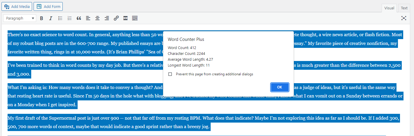 The current blog post in WordPress's text editor, with a dialog box from "word counter plus" showing a word count of 412 and a character count of 2,244.