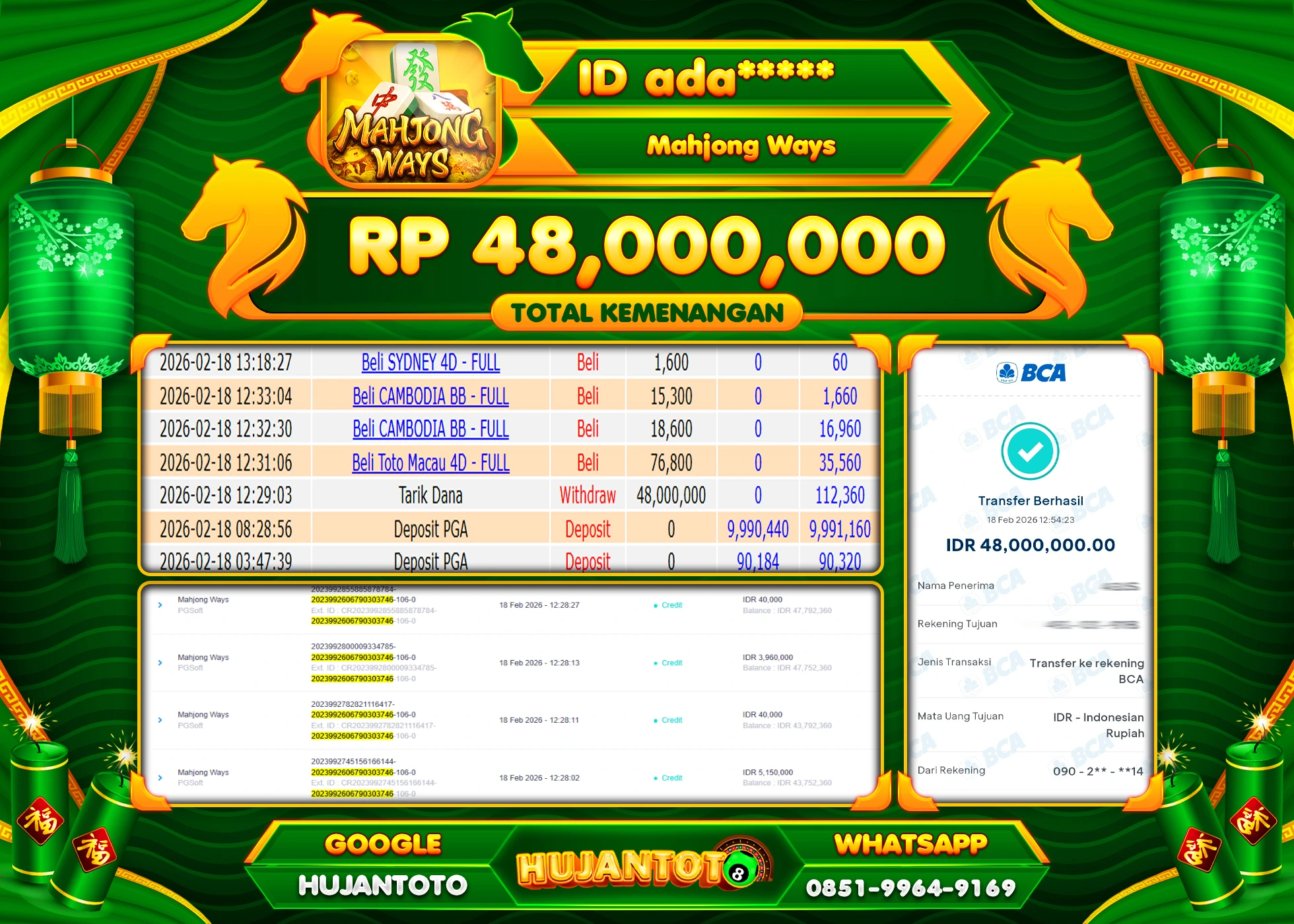 HUJANTOTO - BUKTI JACKPOT MENANG SLOT MAHJONG WAYS Rp.48,000,000 - TERBAYAR LUNAS