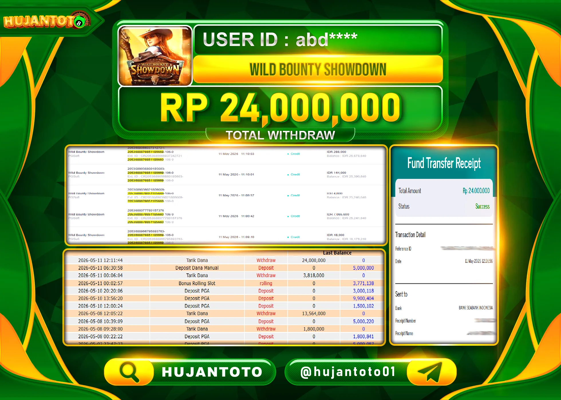 HUJANTOTO - BUKTI JACKPOT MENANG SLOT WILD BOUNTY SHOWDOWN Rp.24,000,000 - TERBAYAR LUNAS