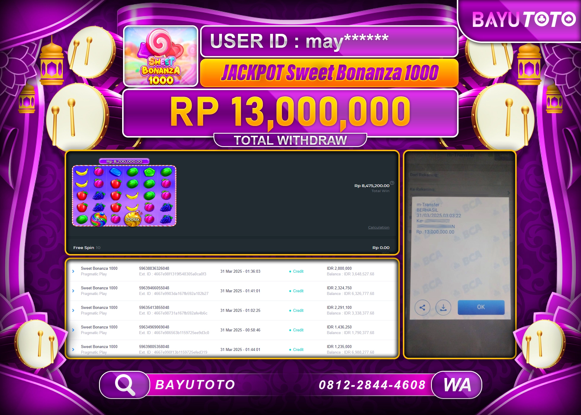 BAYUTOTO JACKPOT  DI SLOT NYA SWEET BONANZA Rp.13.000.000 LUNAS
