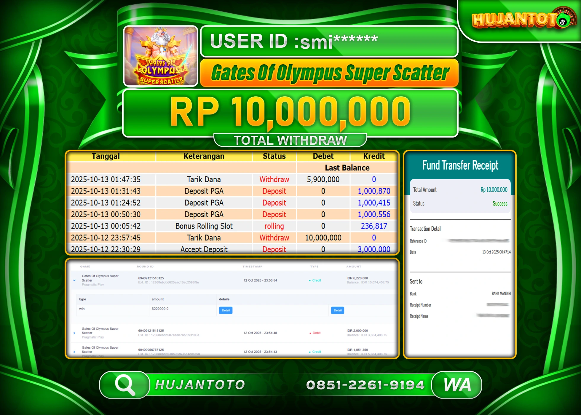 HUJANTOTO - BUKTI JACKPOT MENANG SLOT GATES OF OLYMPUS SUPER SCATTER Rp.10,000,000 - TERBAYAR LUNAS