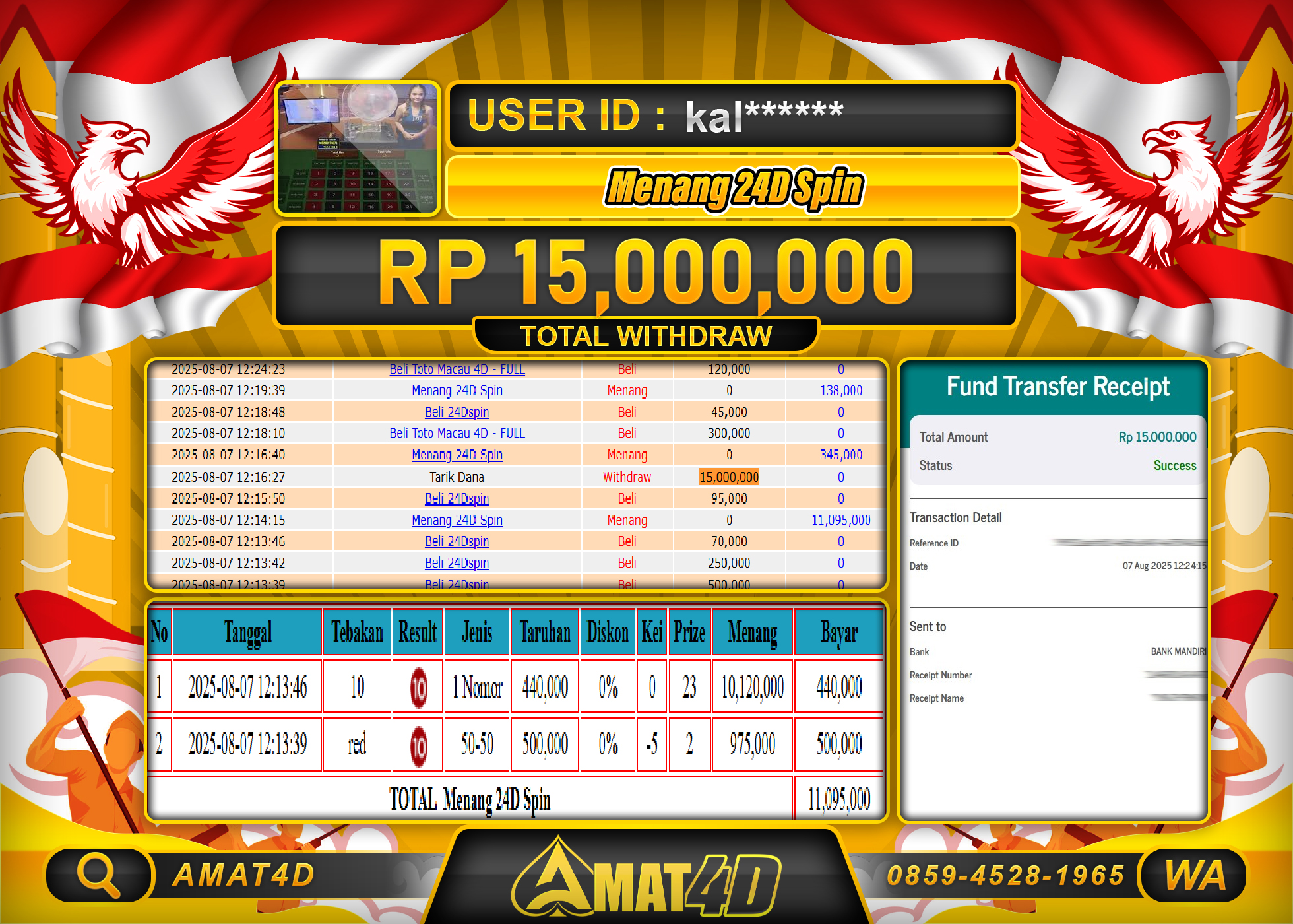 AMAT4D KEMENANGAN LIVE CASINO 24DSPIN Rp.15.000.000 BERHASIL TERBAYAR LUNAS