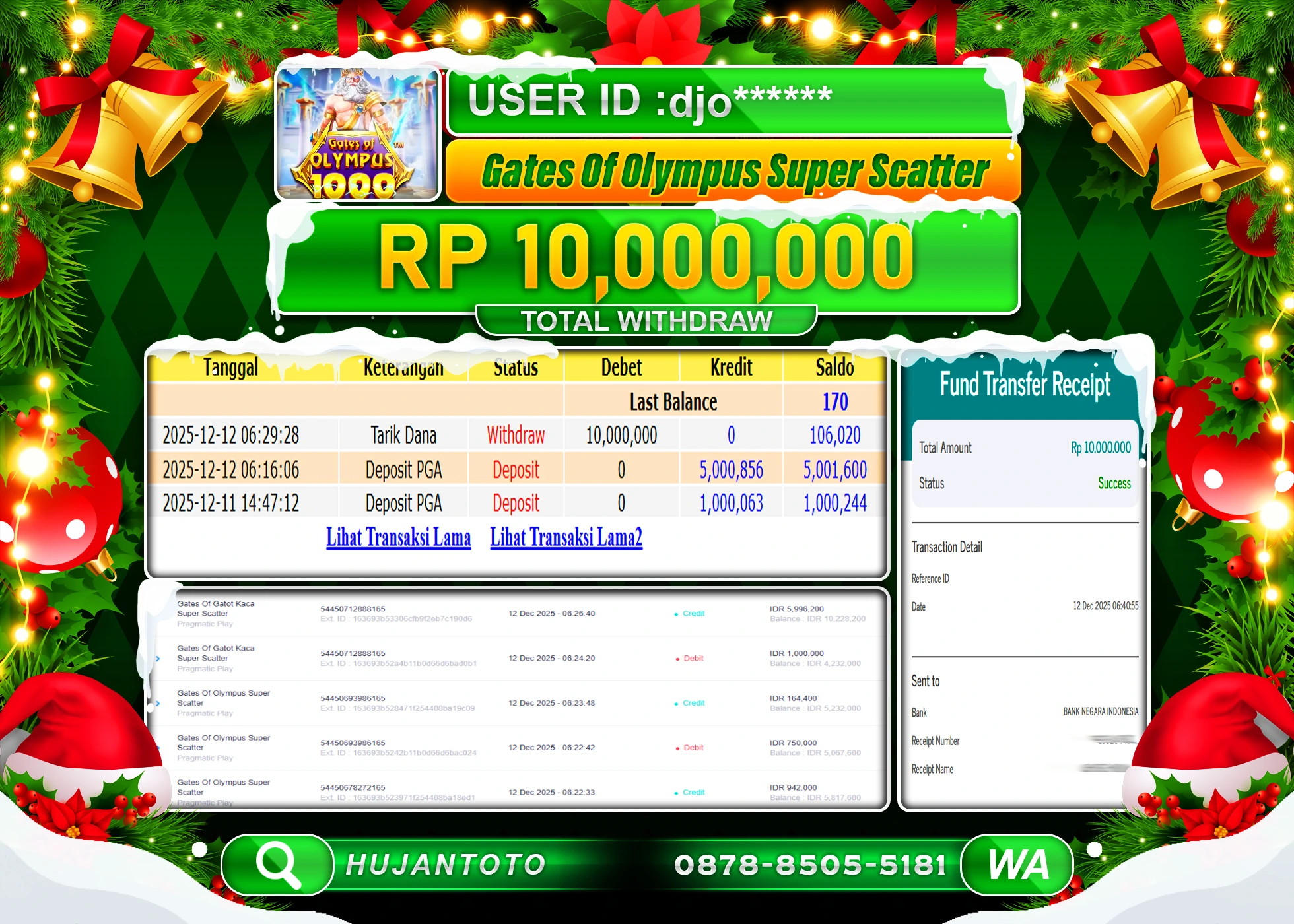 HUJANTOTO - BUKTI JACKPOT MENANG SLOT GATES OF OLYMPUS SUPER SCATTER Rp.10,000,000 - TERBAYAR LUNAS