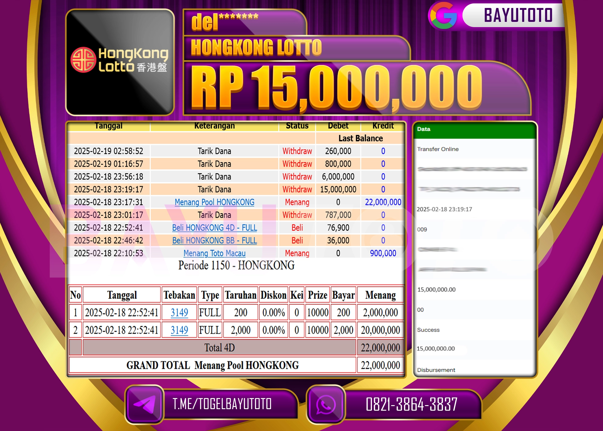 BAYUTOTO JACKPOT DIPASARAN HONGKONG Rp.15.000.000 LUNAS
