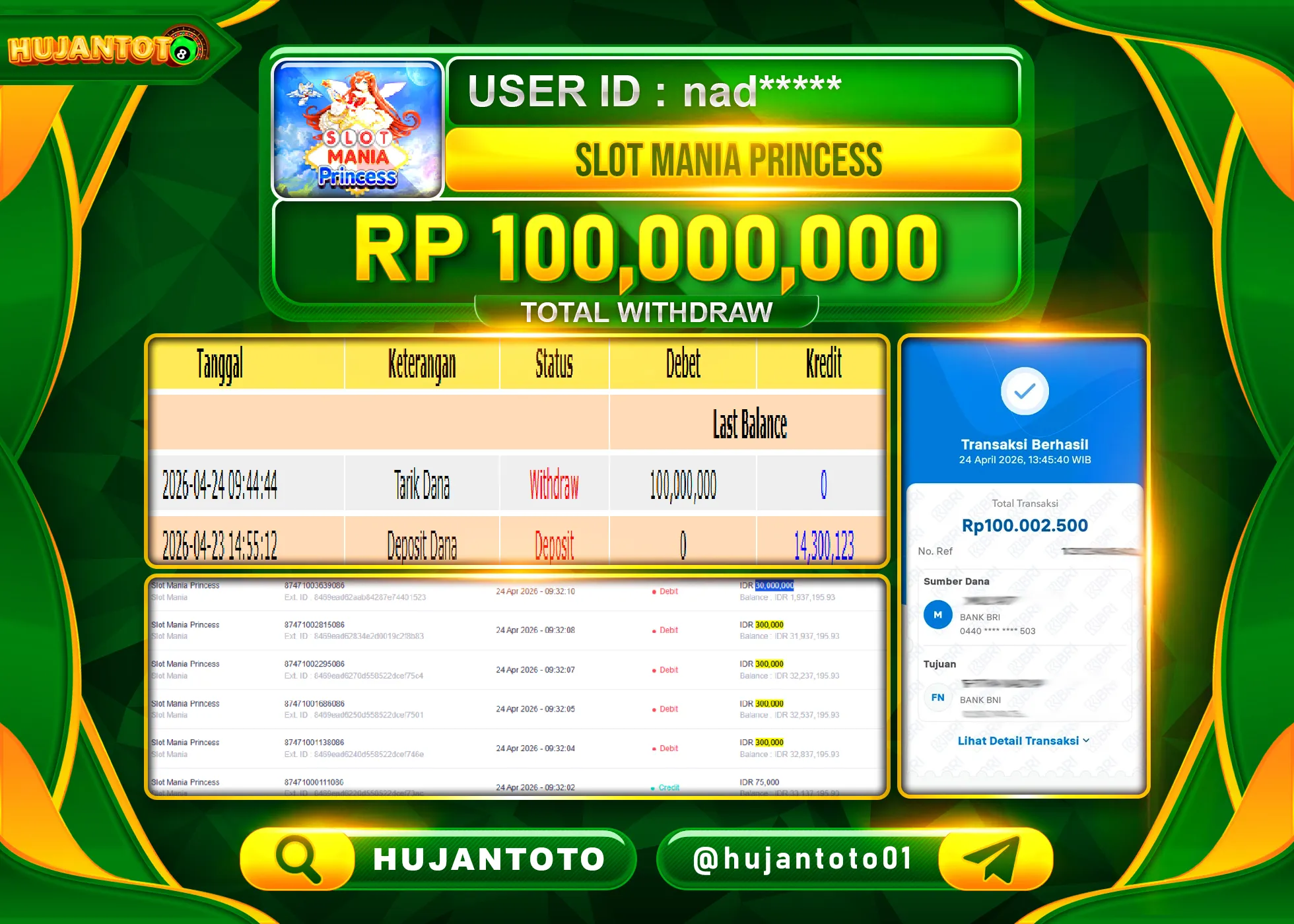 HUJANTOTO - BUKTI JACKPOT MENANG SLOT SLOT MANIA PRINCESS Rp.100,000,000 - TERBAYAR LUNAS