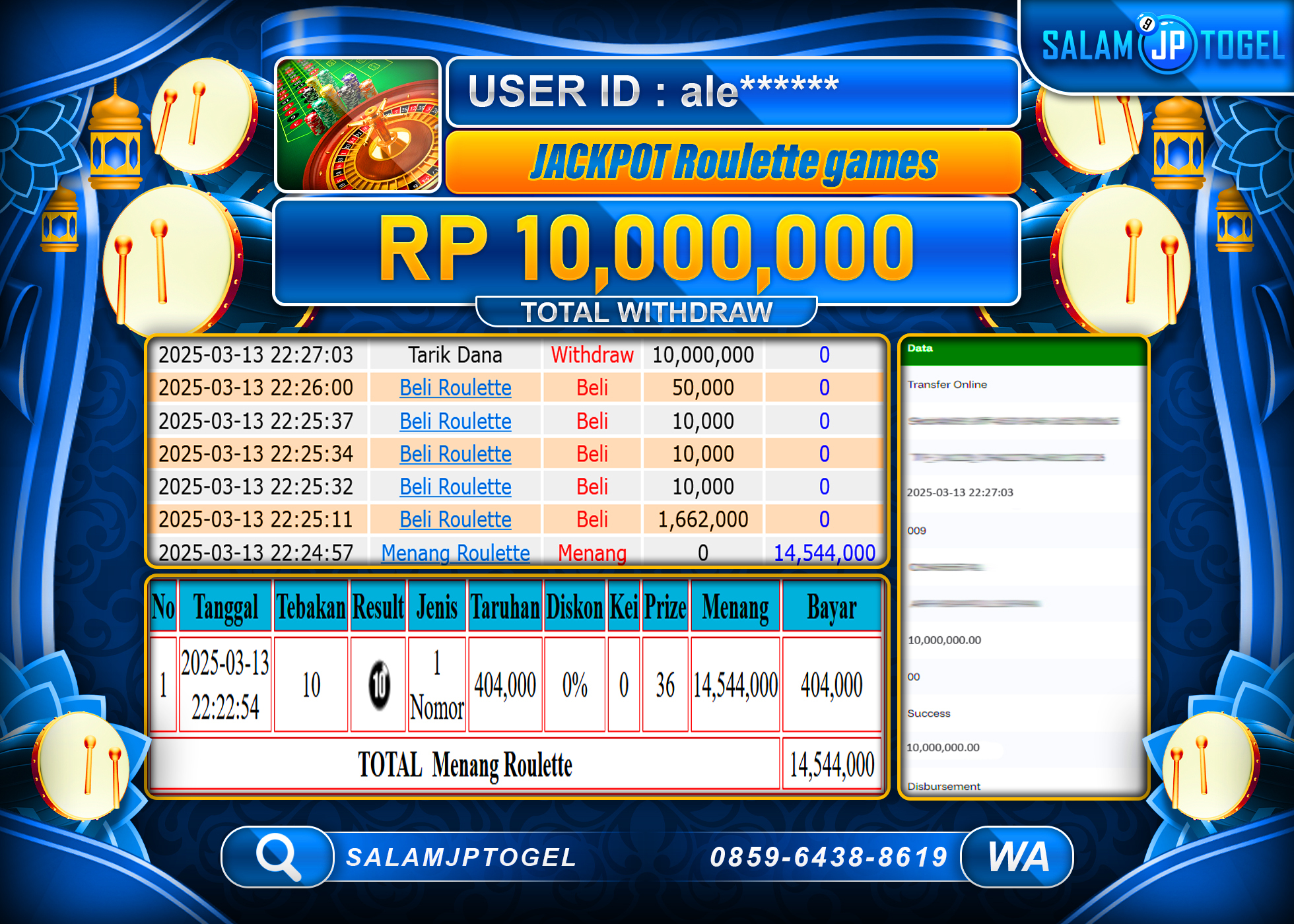 SALAMJPTOGEL MENANG ROULETTE GAMES Rp. 10,000,000 LUNAS