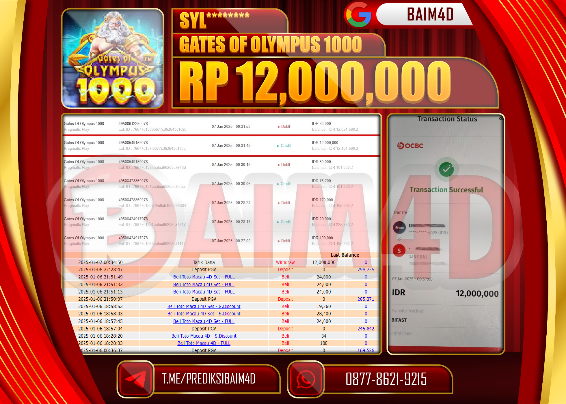 BAIM4D JACKPOT GATES OF OLYMPUS 1000 Rp.12.000,000.- LUNAS