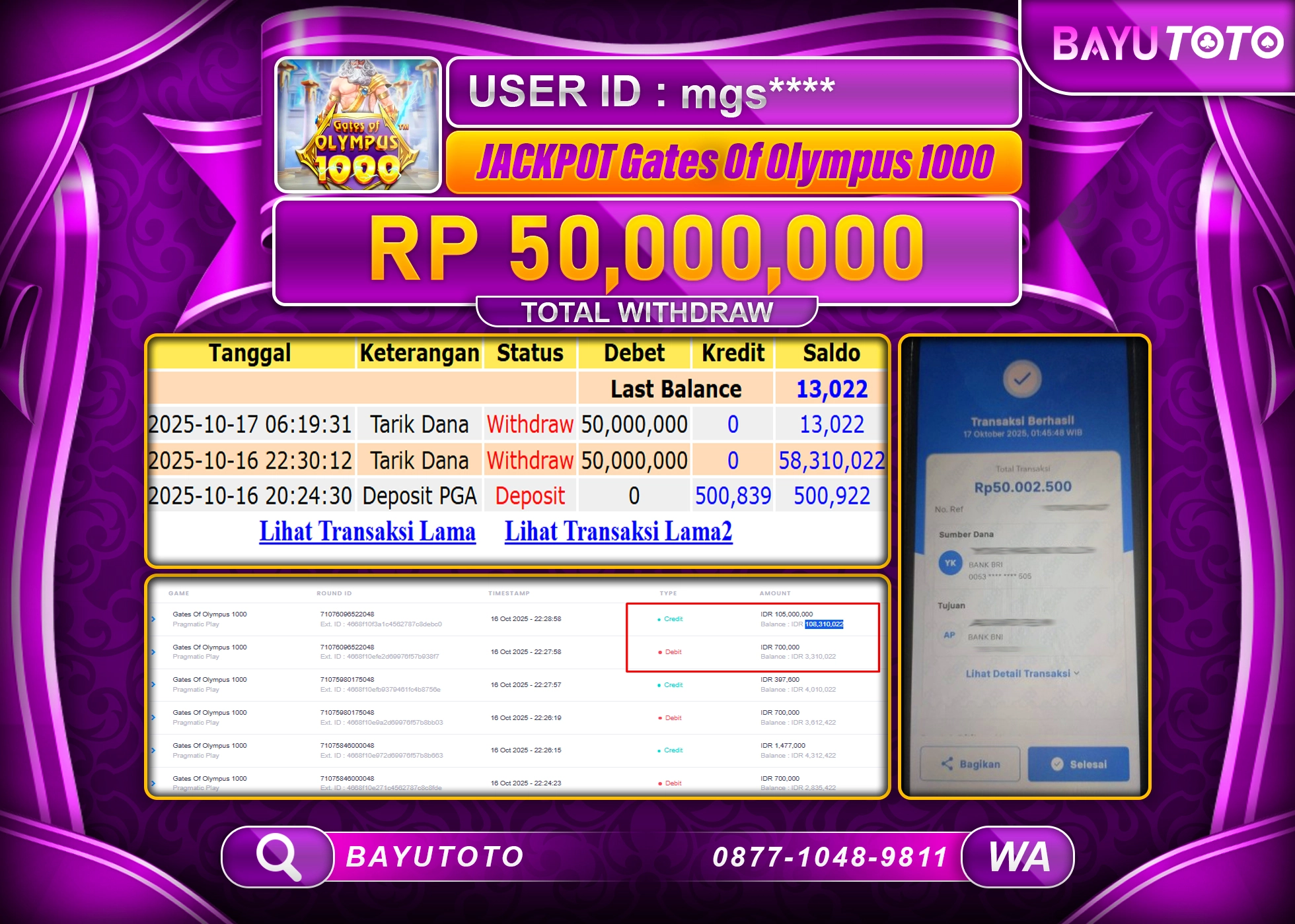 MEMBER BAYUTOTO JACKPOT DI SLOT GATE OF OLYMPUS Pragmatic 1000 Rp.50.000.000 LUNAS