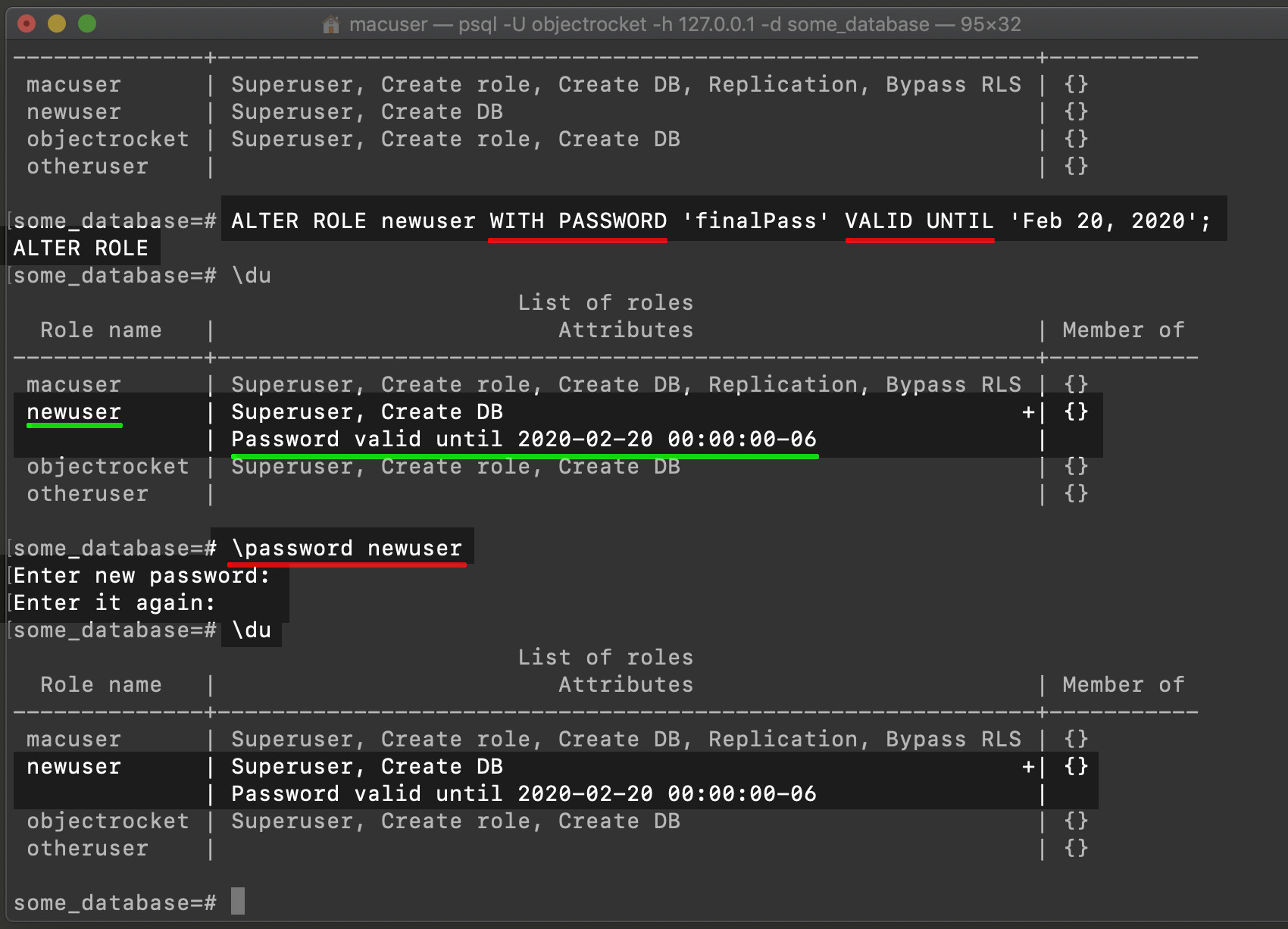 Screenshot of psql connection to Postgres user to alter role password