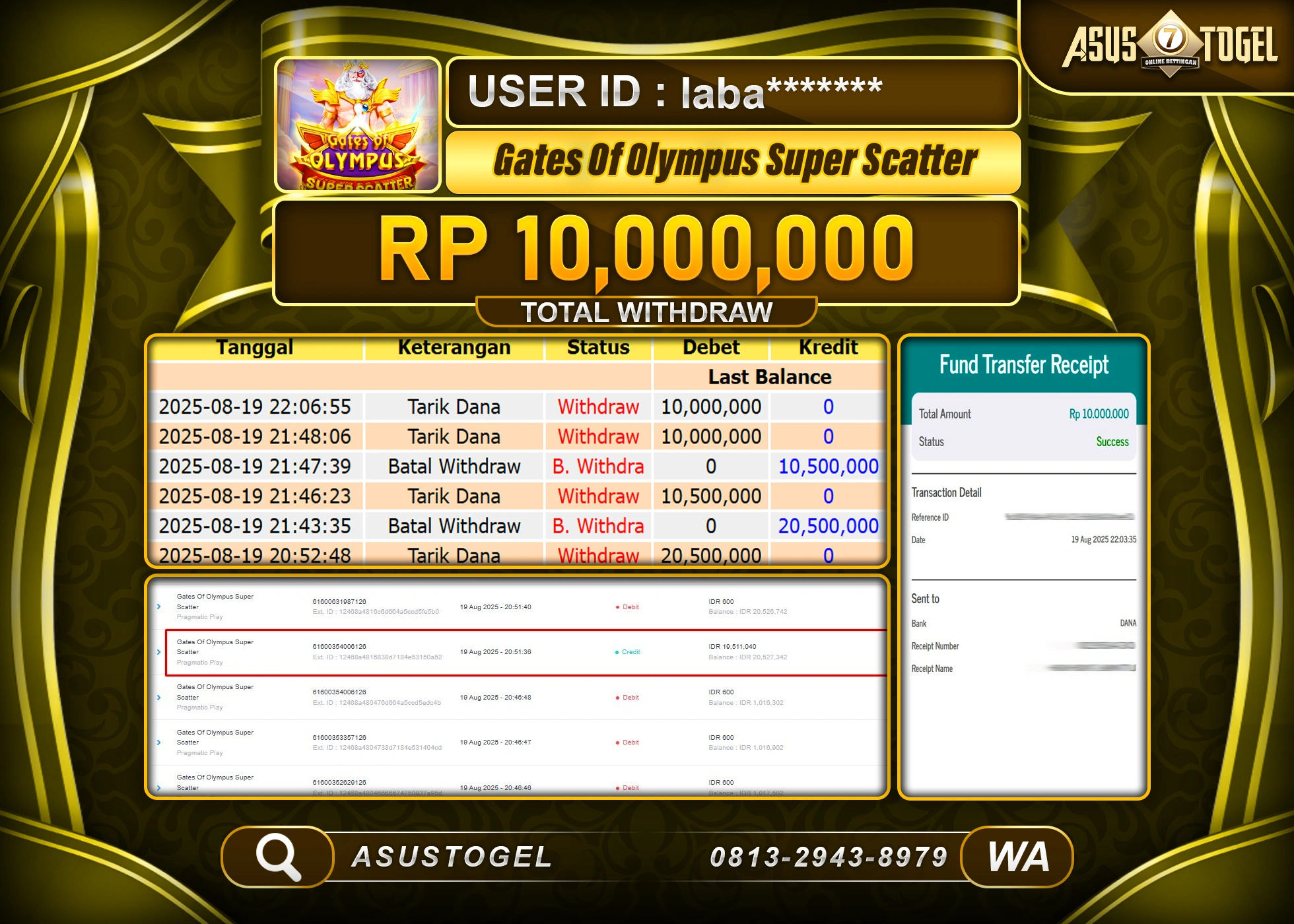 ASUSTOGEL KEMENANGAN DI GATES OF OLYMPUS SUPER SCATTER SEBESAR 10,000,000- RUPIAH LUNAS
