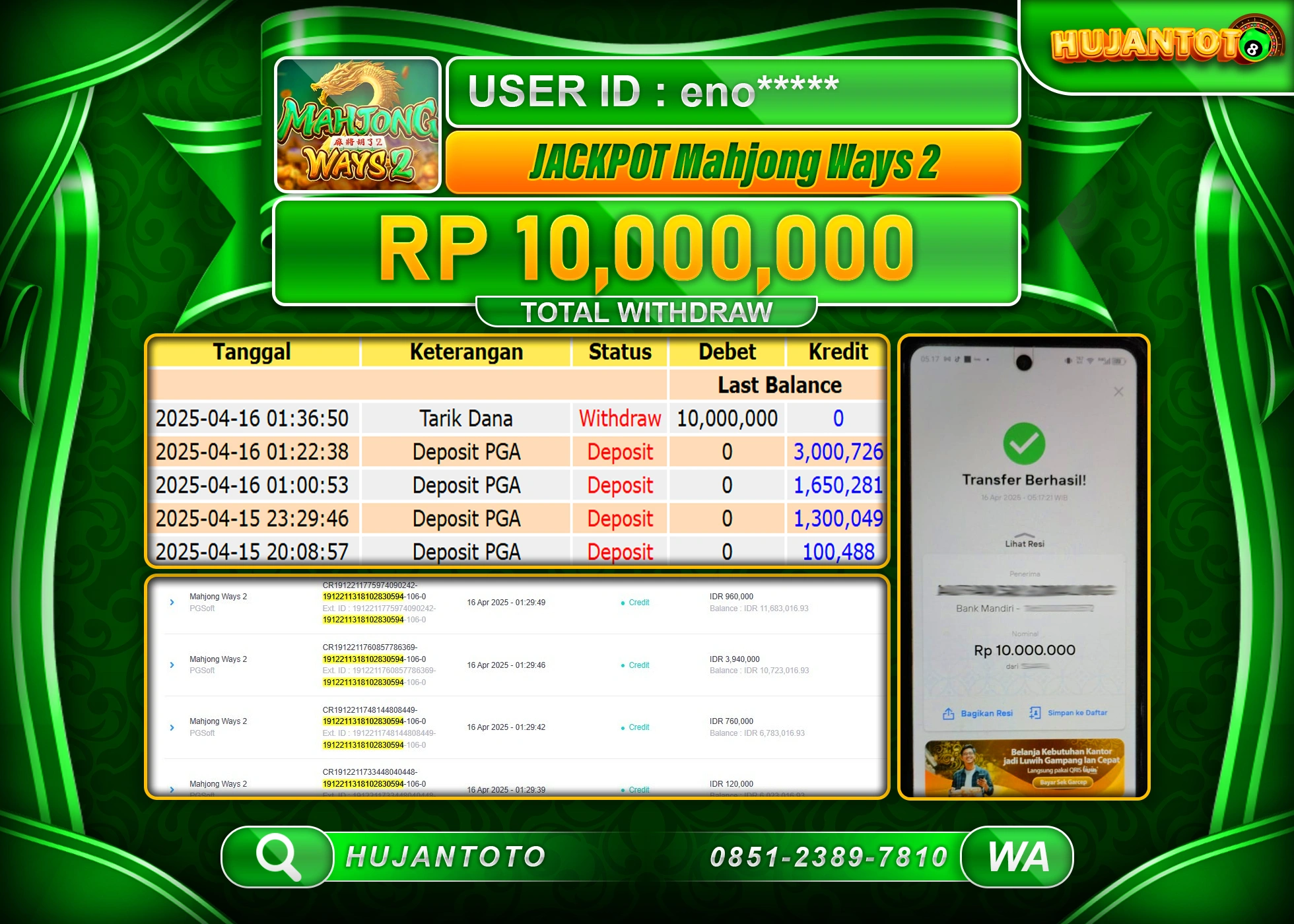 HUJANTOTO - BUKTI JACKPOT MENANG SLOT MAHJONG WAYS 2 Rp,10,000,000 - TERBAYAR LUNAS