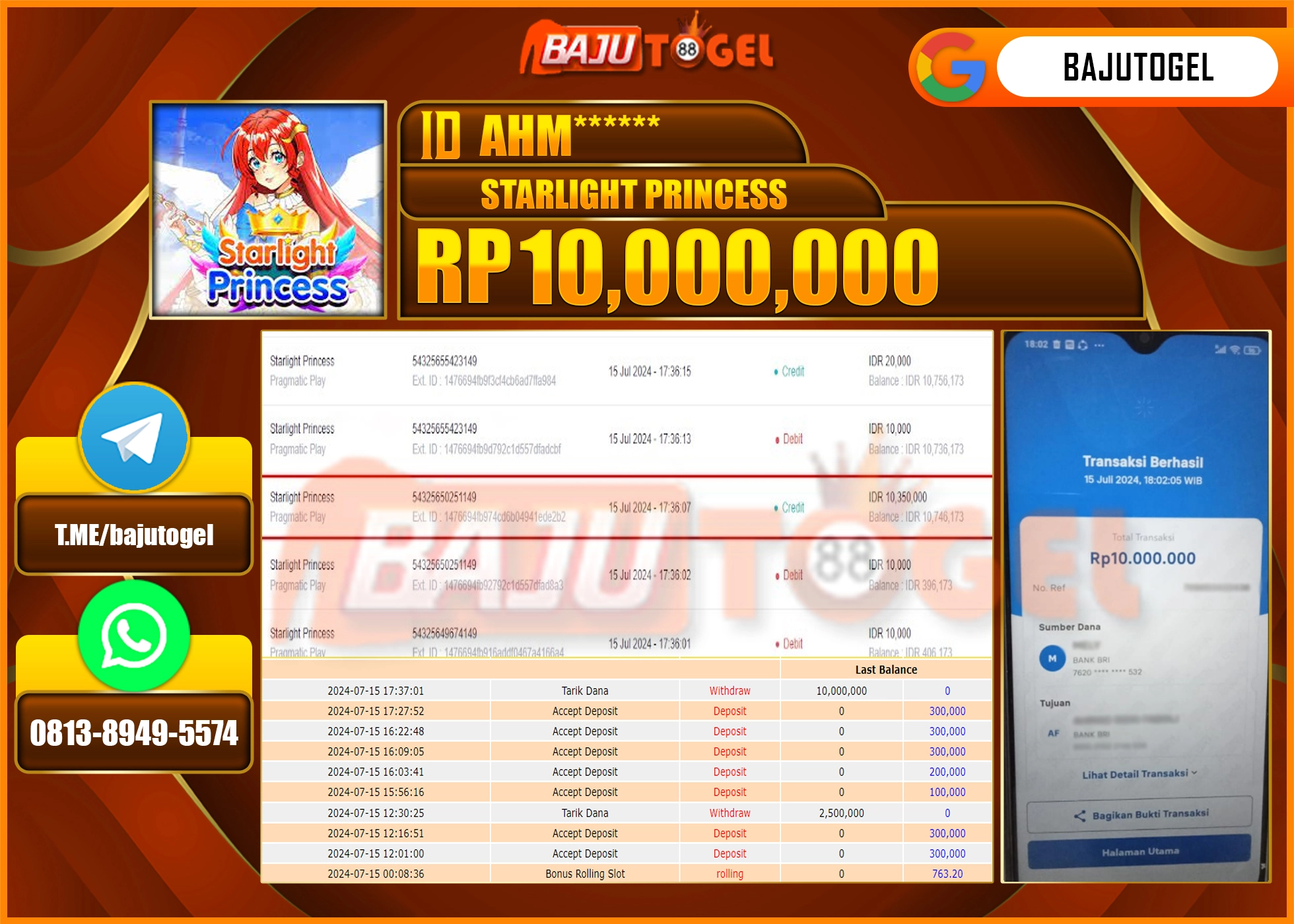 BAJUTOGEL JACKPOT SLOT STARLIGHT PRINCESS Rp.10.000.000 LUNAS