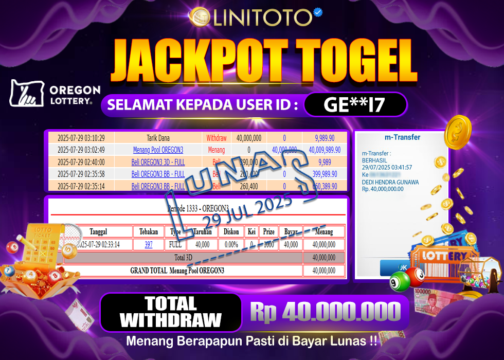 LINITOTO JACKPOT TOGEL OREGON 03 Rp.40.000.000,- LUNAS