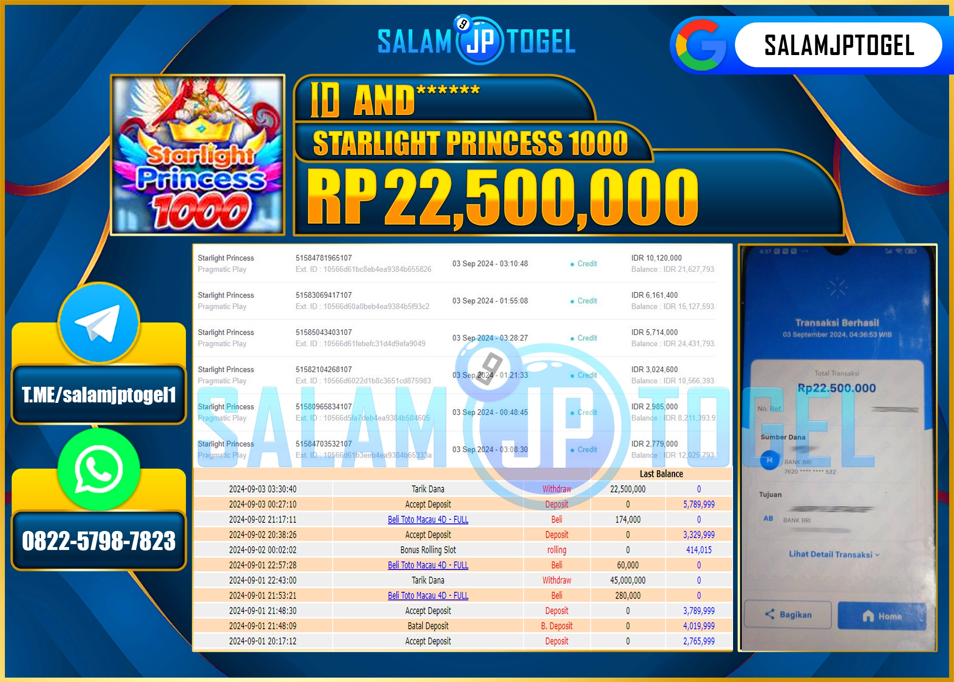 SALAMJPTOGEL MENANG SLOT STARLIGHT PRINCESS  RP. 22,500,000 LUNAS