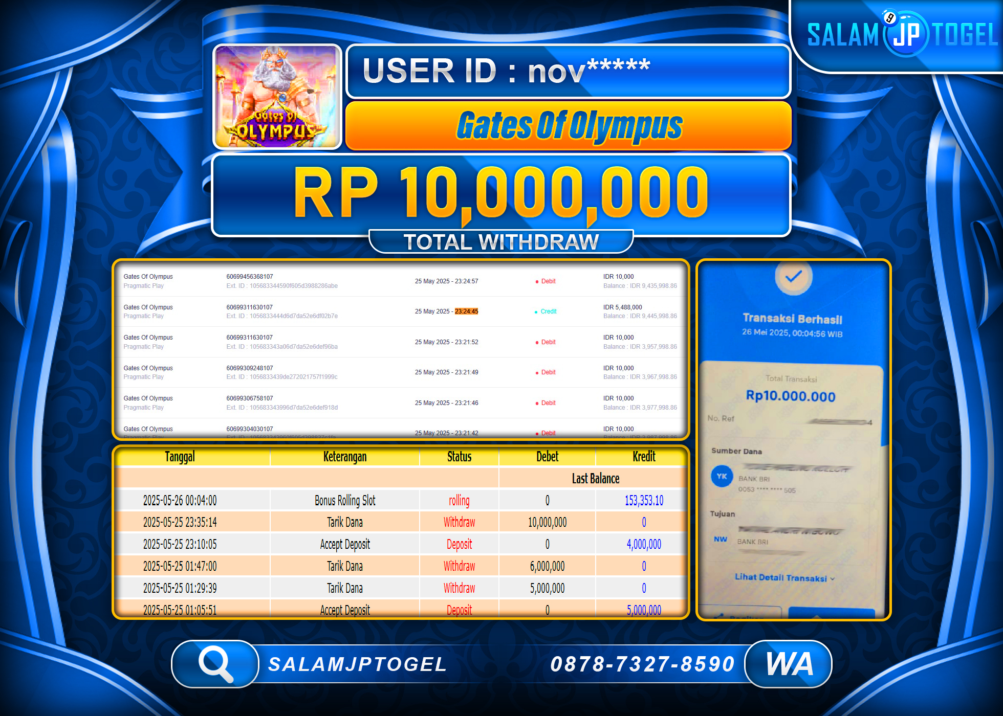 SALAMJPTOGEL MENANG GATES OF OLYMPUS Rp.10,000,000 LUNAS