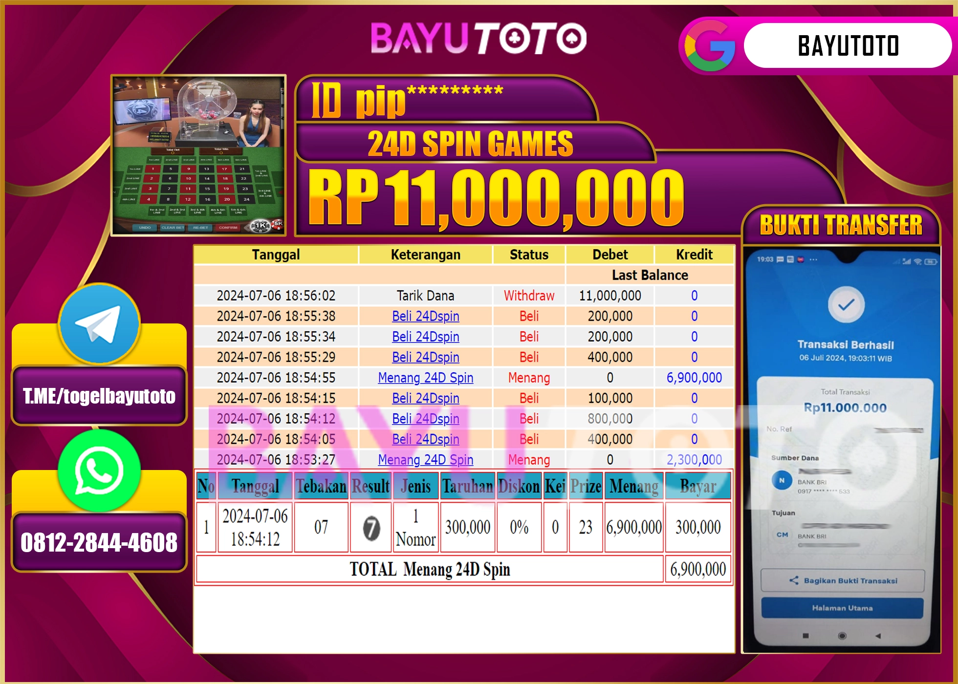 BAYUTOTO JACKPOT LIVE GAMES 24D SPIN GAMES Rp.11.000.000 LUNAS