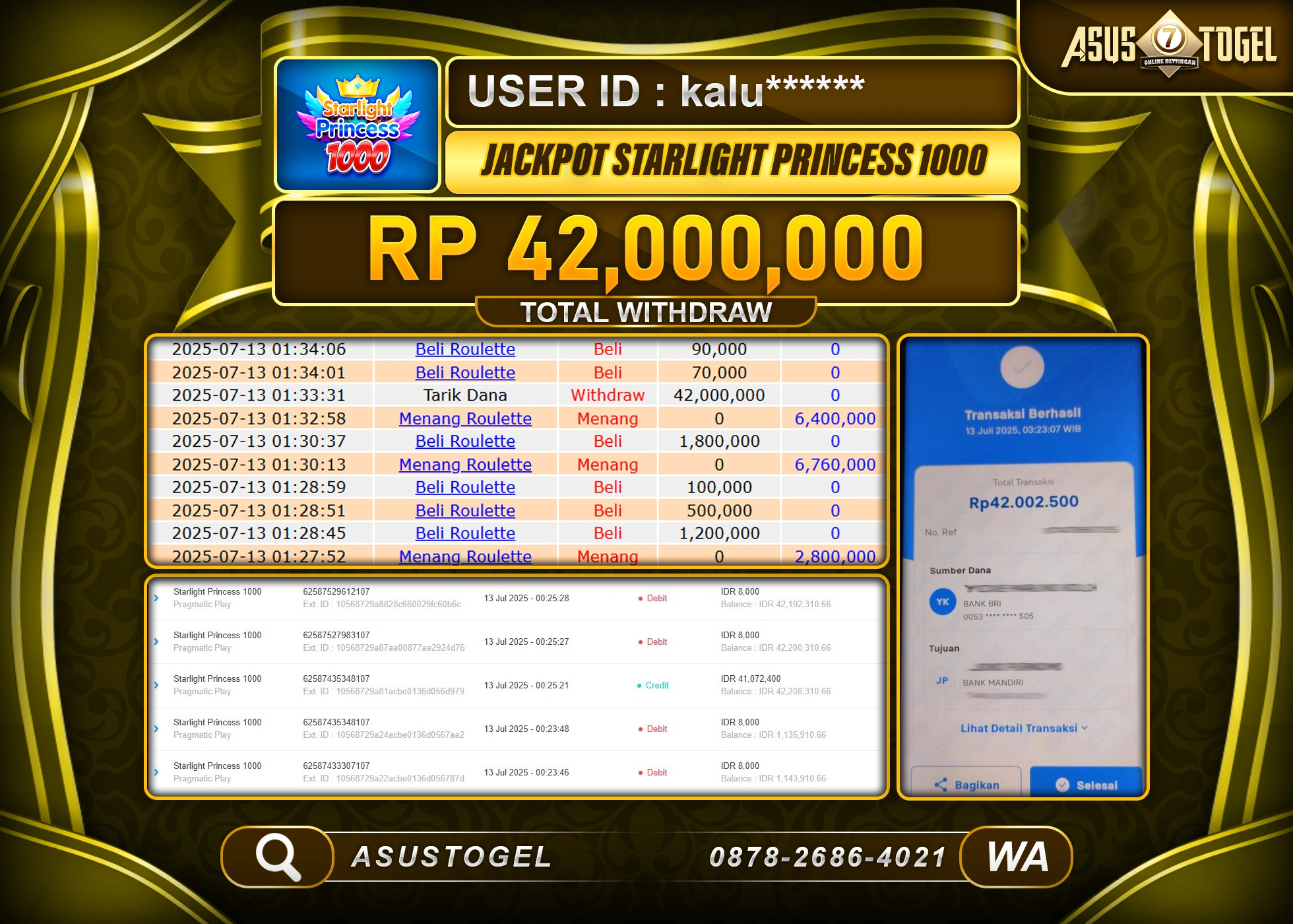ASUSTOGEL KEMENANGAN DI SLOT STARLIGHT PRINCESS 1000 SEBESAR 42,000,000- RUPIAH LUNAS