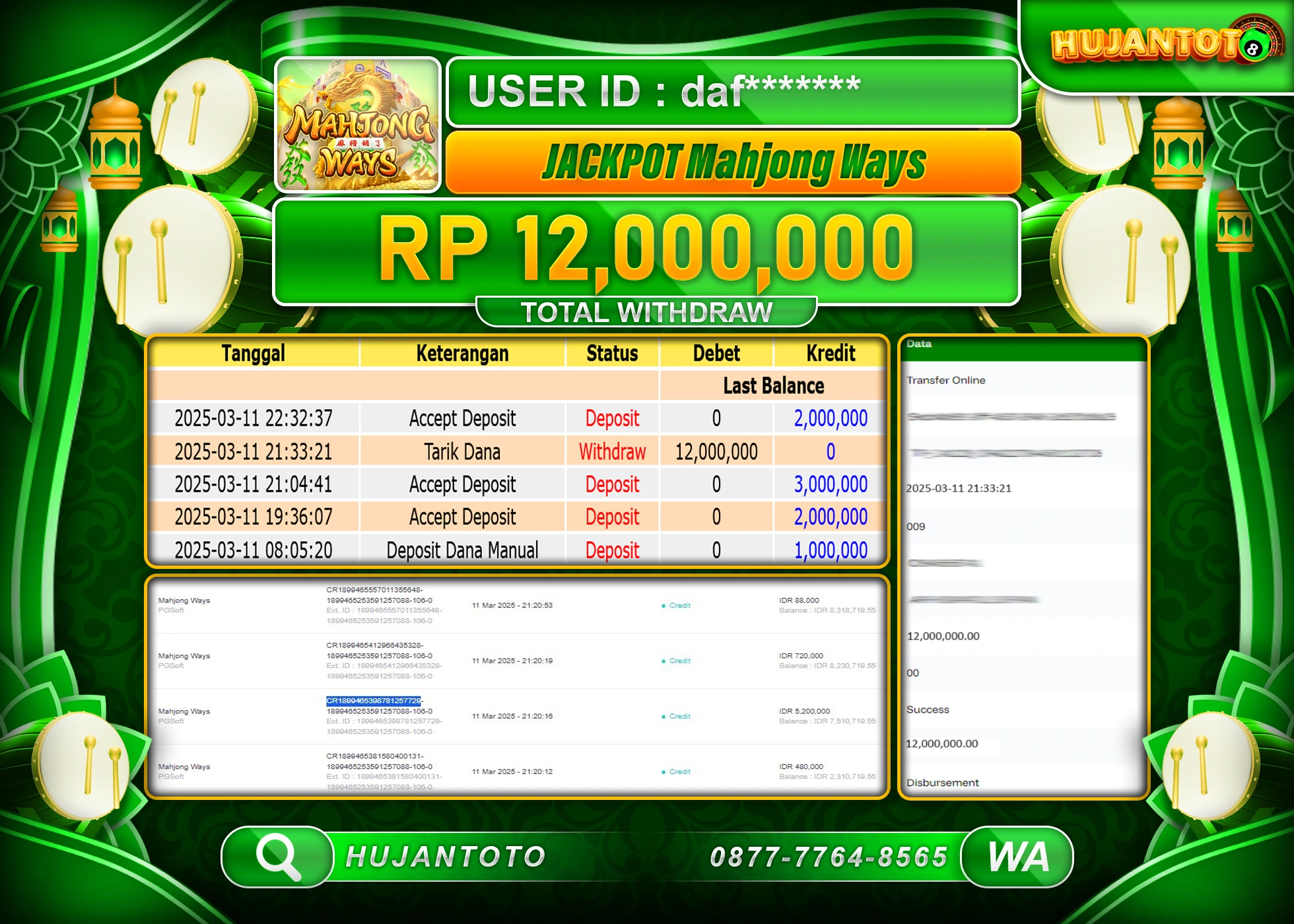 HUJANTOTO - BUKTI JACKPOT MENANG SLOT MAHJONG WAYS Rp,12,000,000 - TERBAYAR LUNAS