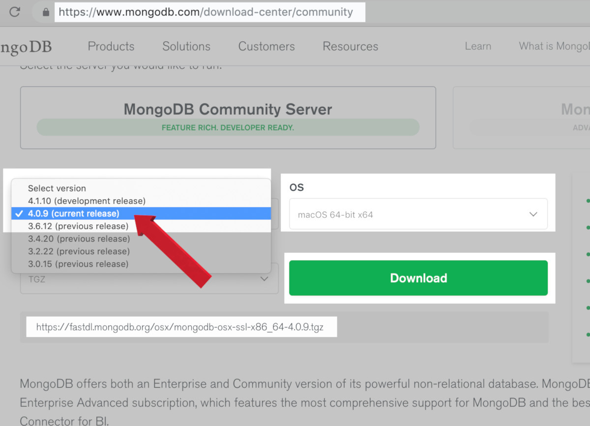 Screenshot of the MongoDB Download Center webpage