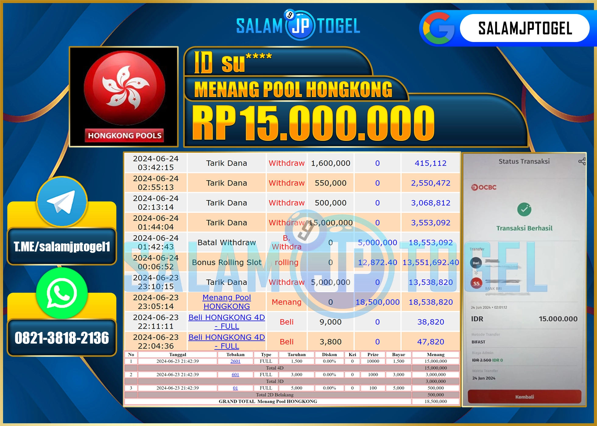 SALAMJPTOGEL MENANG  POOLS HONGKONG  RP. 15,000,000.,LUNAS