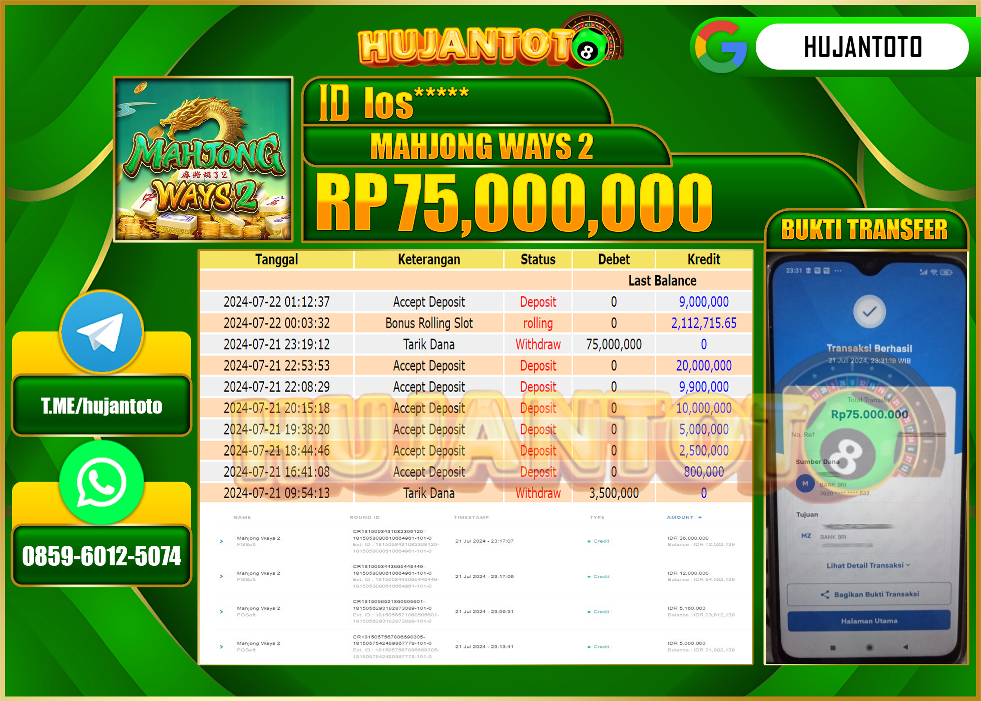 HUJANTOTO MENANG SLOT PGSOFT MAHJONG WAYS 2 75.000.000 - LUNAS 