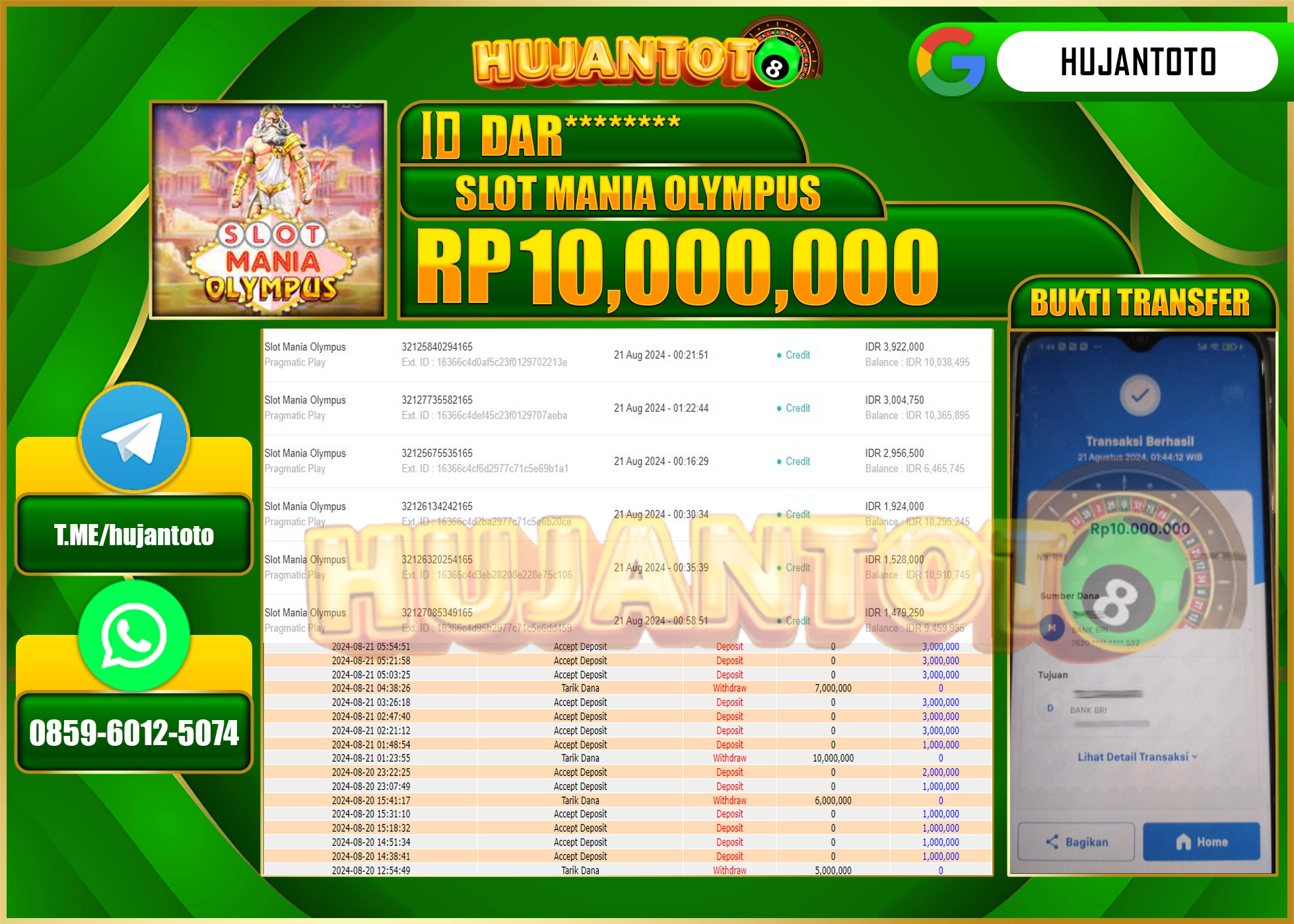 HUJANTOTO MENANG BESAR DI PERMAINAN SLOT MANIA OLYMPUS 10.000.000 - LUNAS 