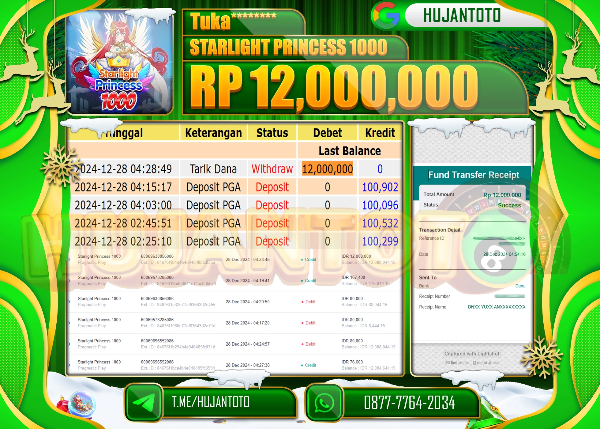HUJANTOTO SELAMAT ATAS KEMENANGAN YANG DI RAIH DI PERMAINAN SLOT STARLIGHT PRINCESS 1000 SEBESAR 12,000,000 - TERBAYAR LUNAS