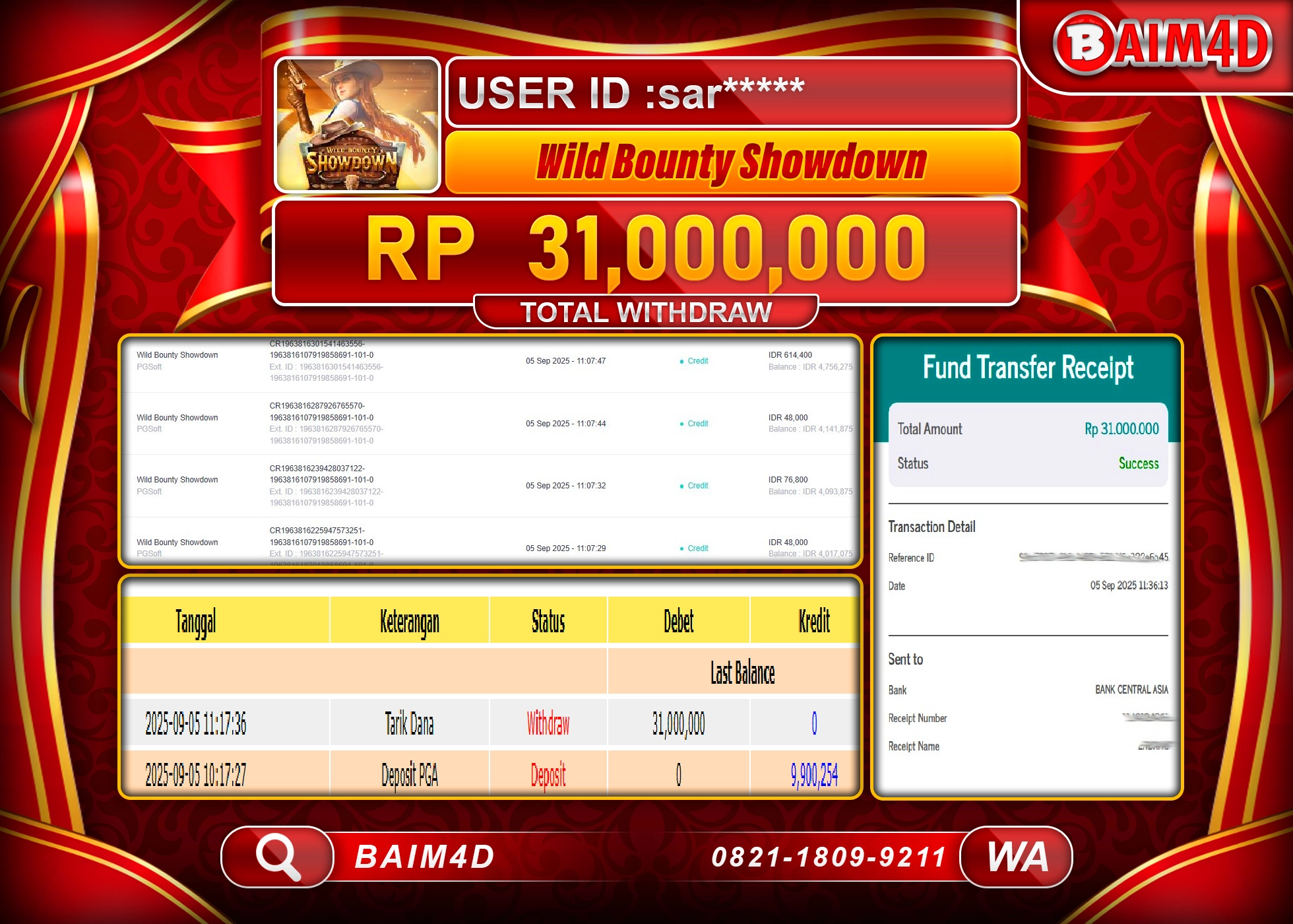 BAIM4D JACKPOT SLOT WILD BOUNTY SHOWDOWN Rp.31,000,000.- LUNAS
