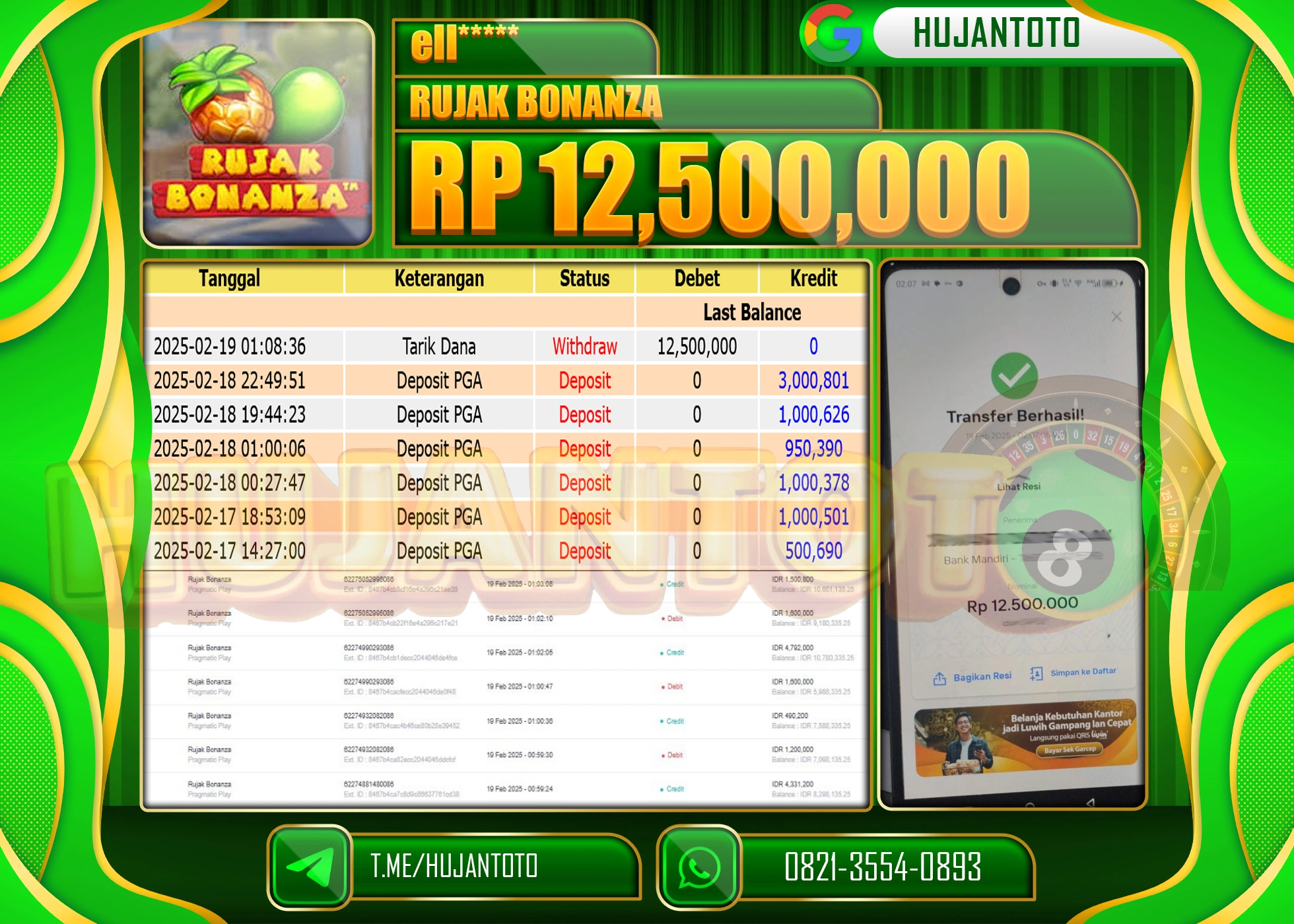 HUJANTOTO - BUKTI JACKPOT MENANG SLOT RUJAK BONANZA Rp,12,500,000 - TERBAYAR LUNAS