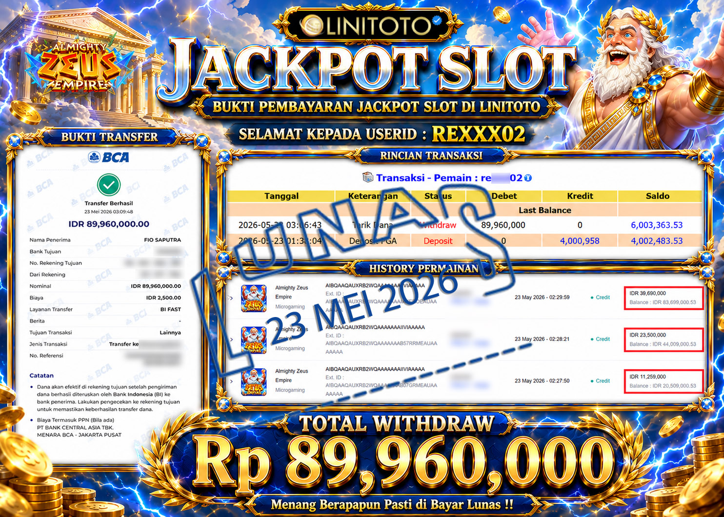LINITOTO JACKPOT SLOT Almighty Zeus Empire Rp.89,960,000 - LUNAS