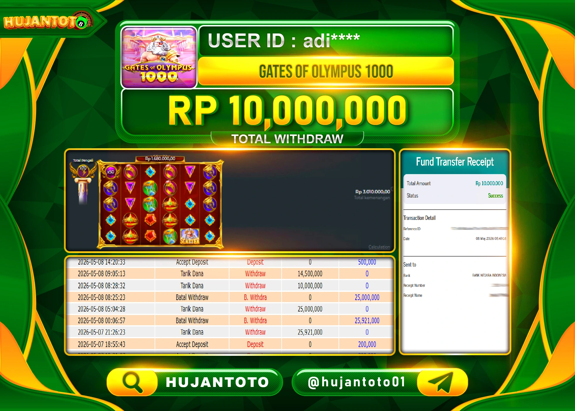 HUJANTOTO - BUKTI JACKPOT MENANG SLOT GATES OF OLYMPUS 1000 Rp.10,000,000 - TERBAYAR LUNAS
