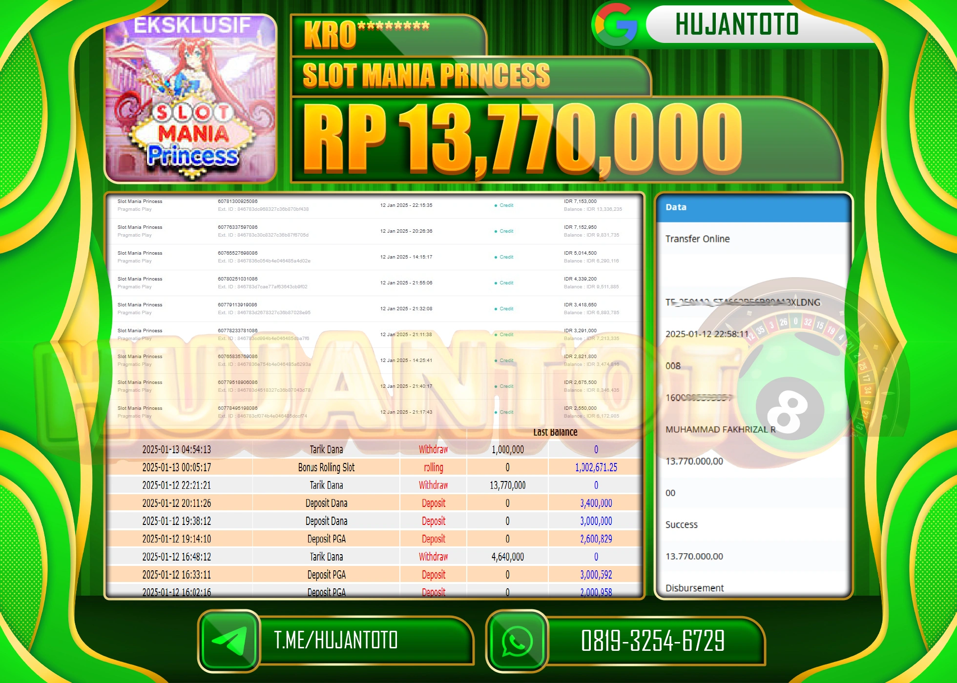 HUJANTOTO - BUKTI JACKPOT DI PERMAINAN SLOT MANIA PRINCESS Rp. 13,770,000 - TERBAYAR LUNAS