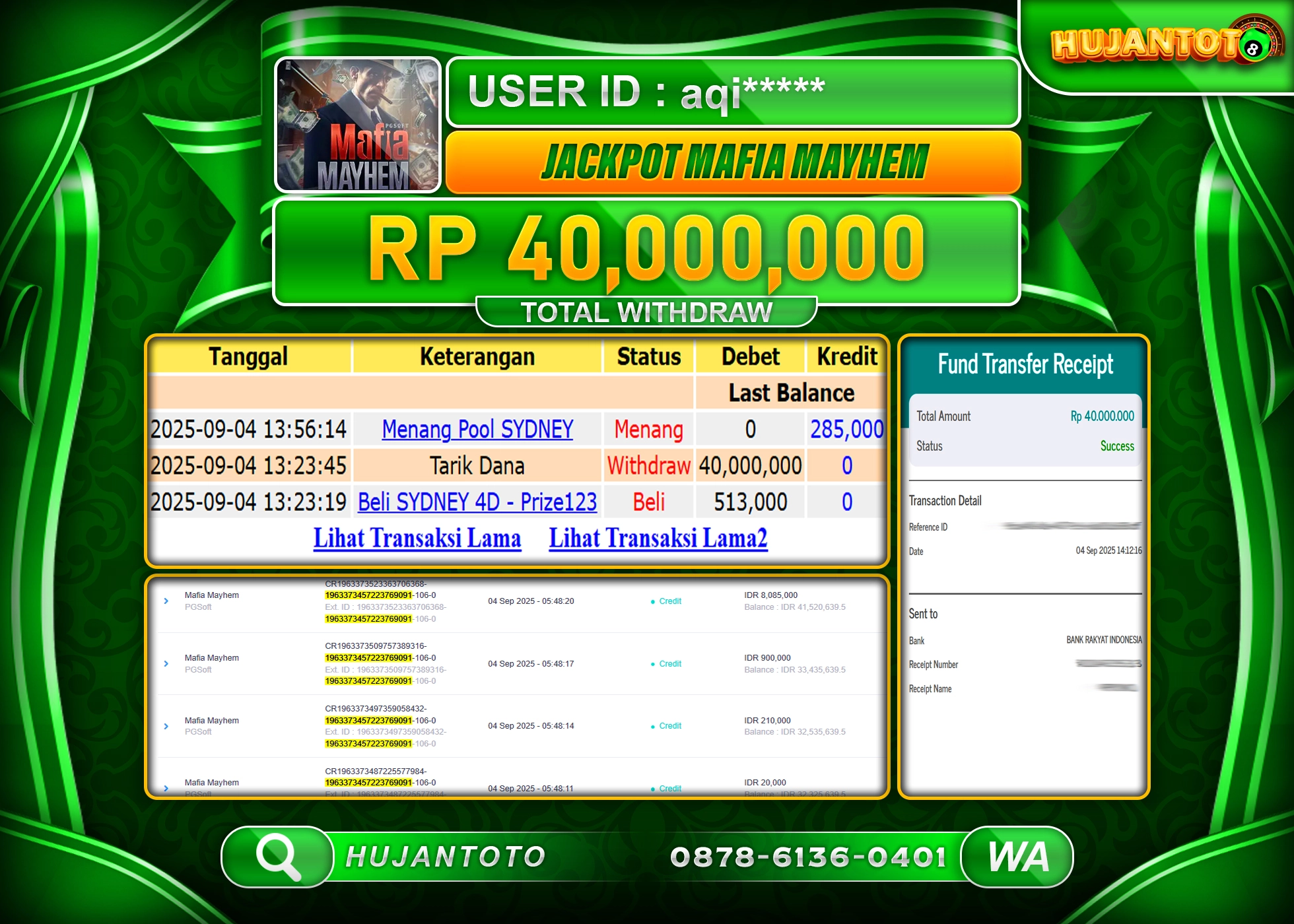 HUJANTOTO - BUKTI JACKPOT MENANG SLOT MAFIA MAYHEM PG SOFT Rp.40,000,000 - TERBAYAR LUNAS