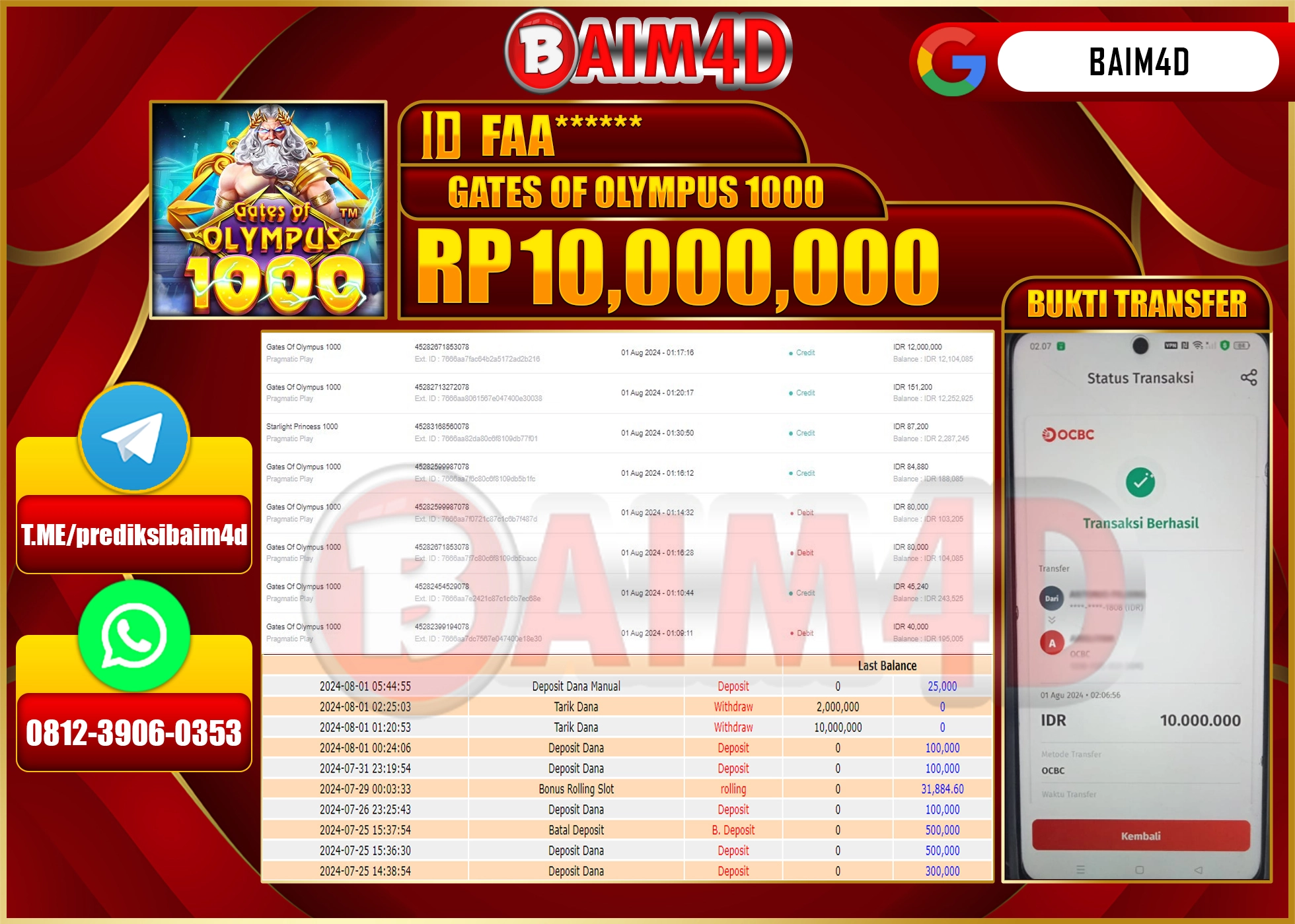 BAIM4D JACKPOT  GATES OF OLYMPUS 1000 Rp.10.000,000.- LUNAS