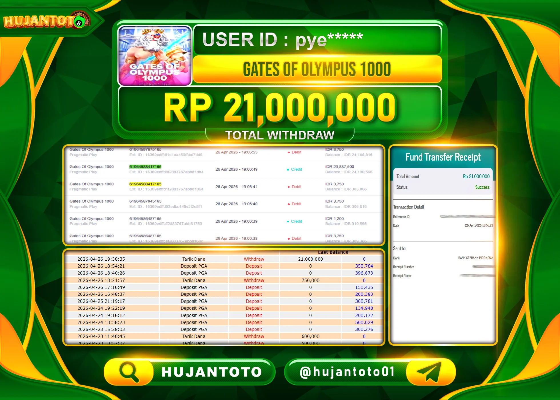 HUJANTOTO - BUKTI JACKPOT MENANG SLOT GATES OF OLYMPUS 1000 Rp.21,000,000 - TERBAYAR LUNAS