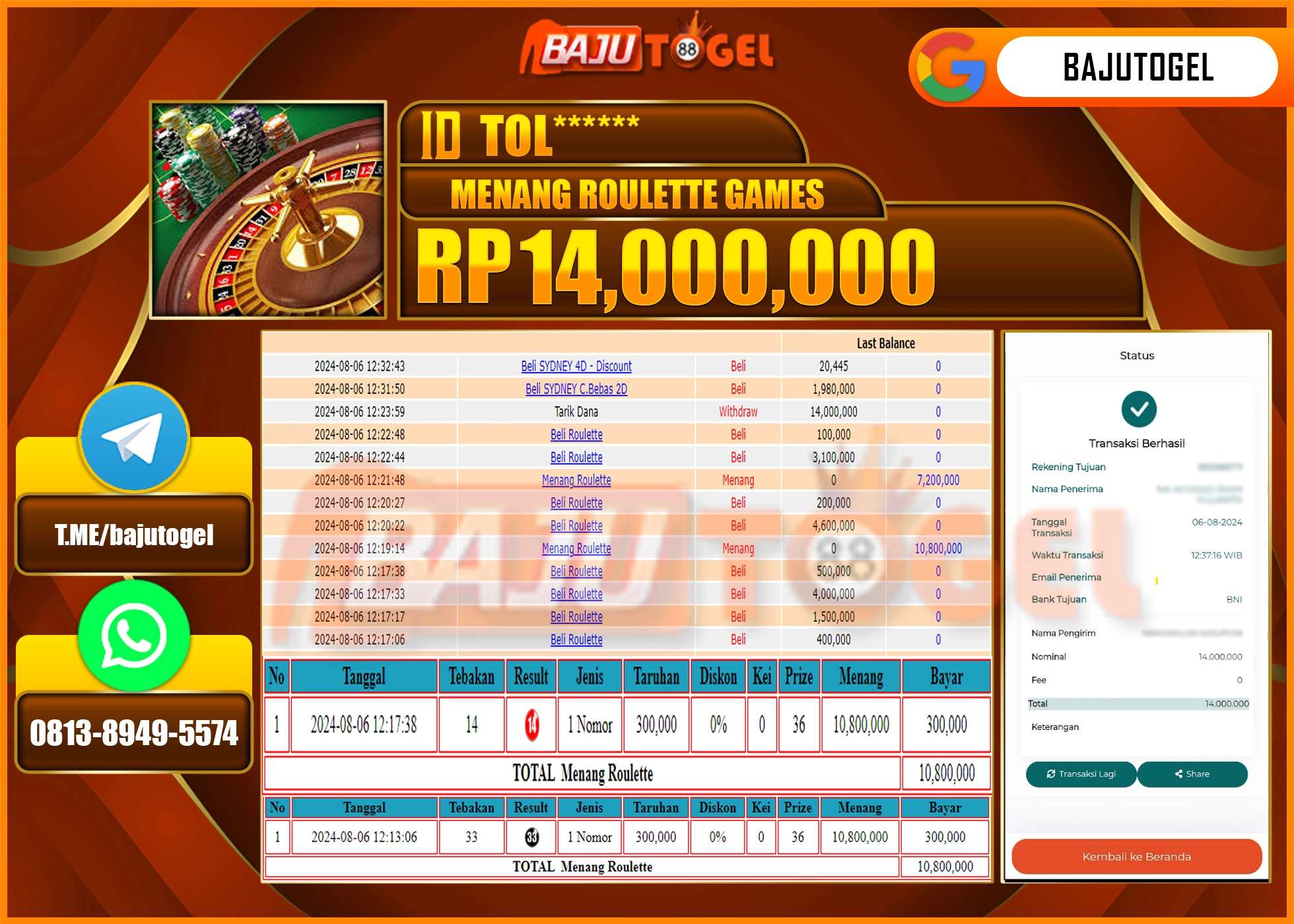 BAJUTOGEL JACKPOT ROULLETE GAMES Rp.14.000.000 LUNAS