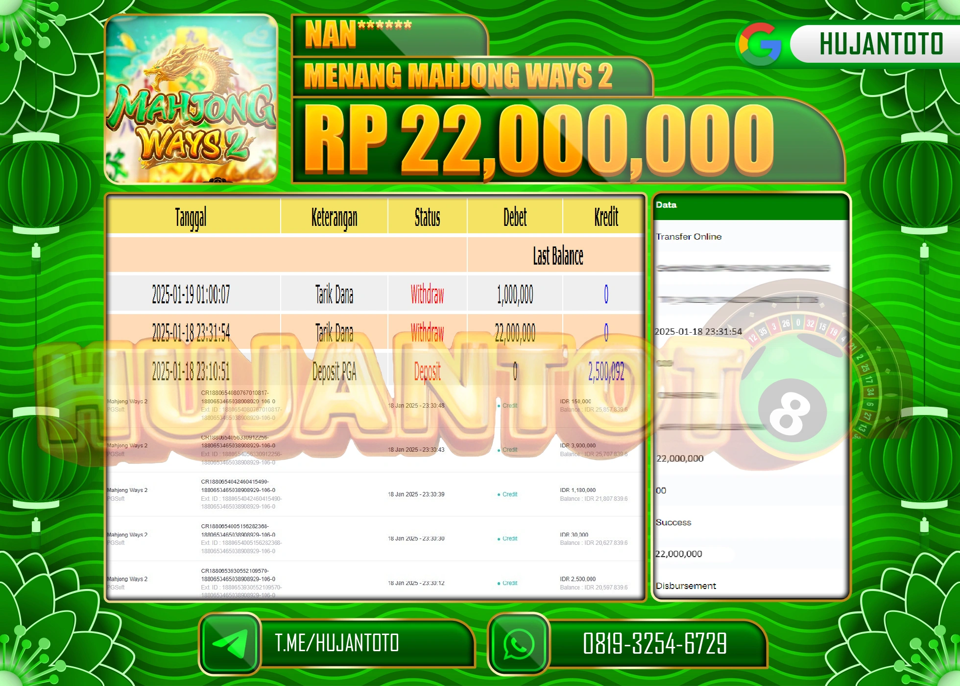 HUJANTOTO - BUKTI JACKPOT DI PERMAINAN SLOT MAHJONG WAYS 2 Rp,22,000,000 - TERBAYAR LUNAS